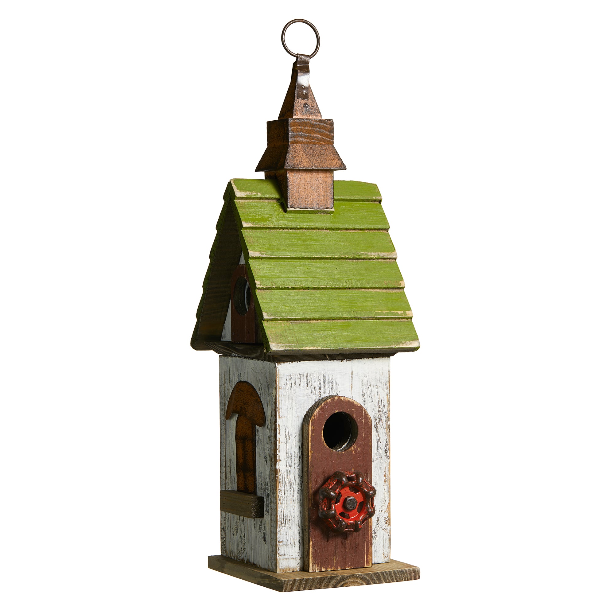 Glitzhome® 15.75" White & Green Distressed Wood Birdhouse