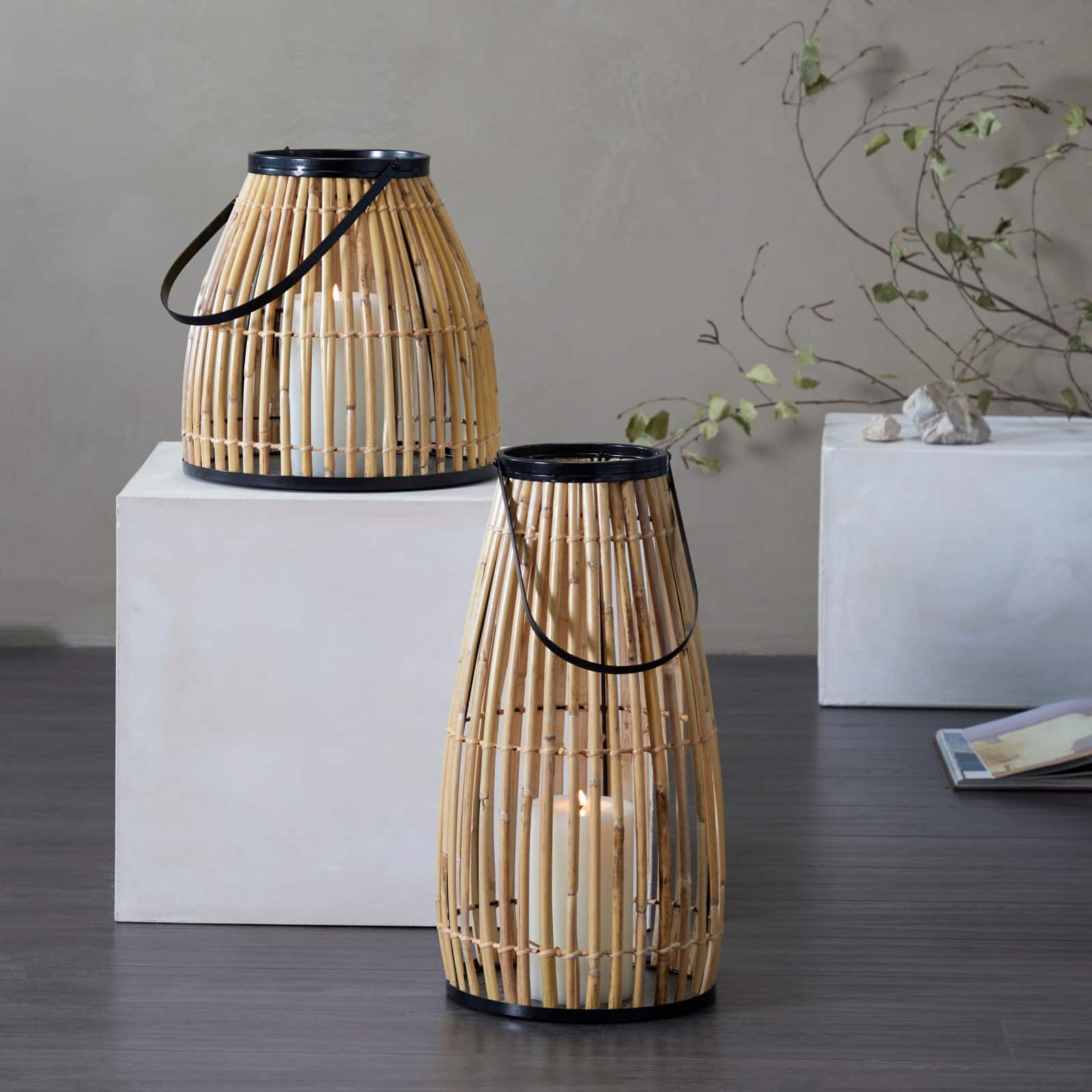 The Novogratz 20&#x22; Brown Wicker Handmade Slatted Frame Candle Lantern with Handle