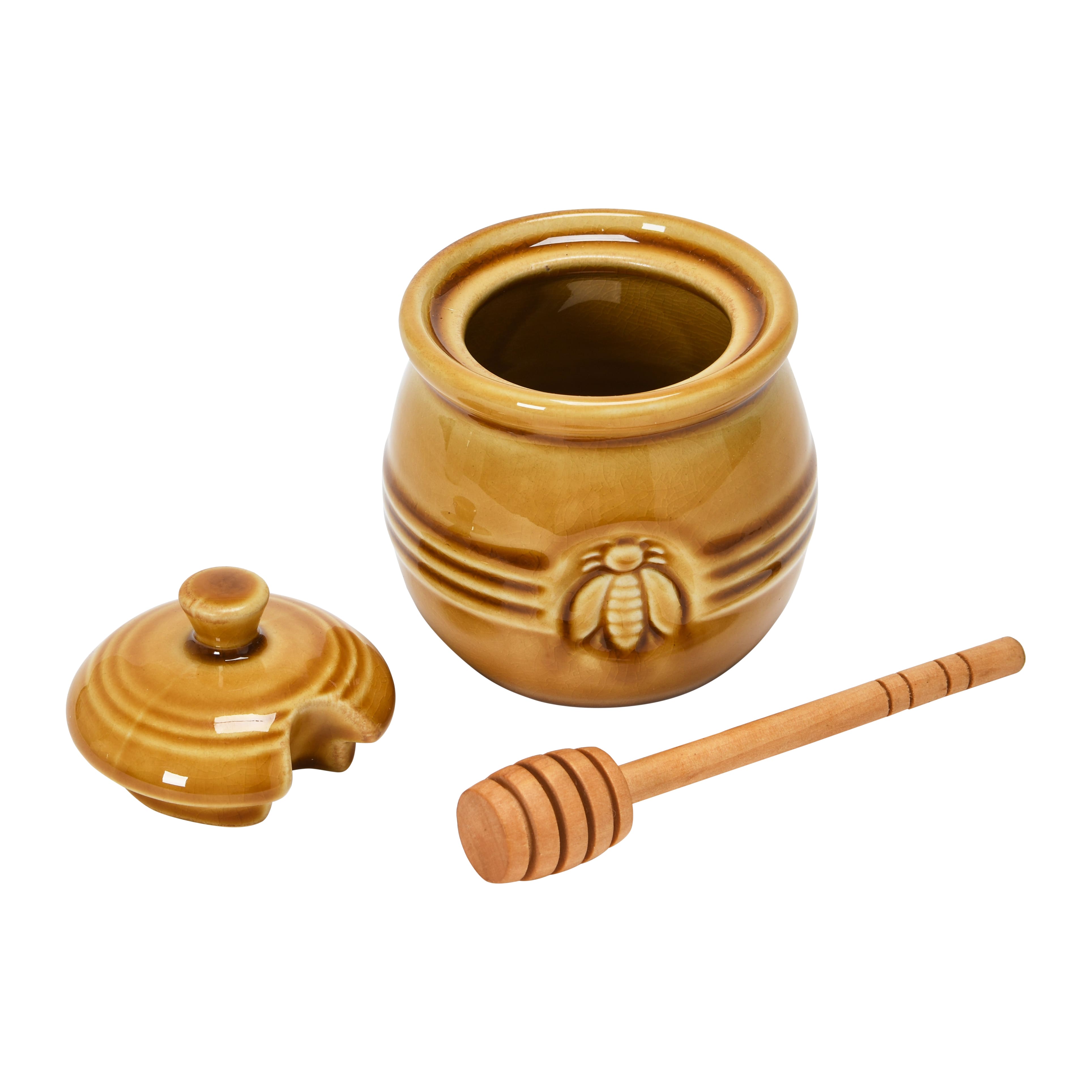 Hello Honey&#xAE; 4.3&#x22; Amber Orange Farmhouse Embossed Stoneware Honey Pot with Wood Honey Dipper