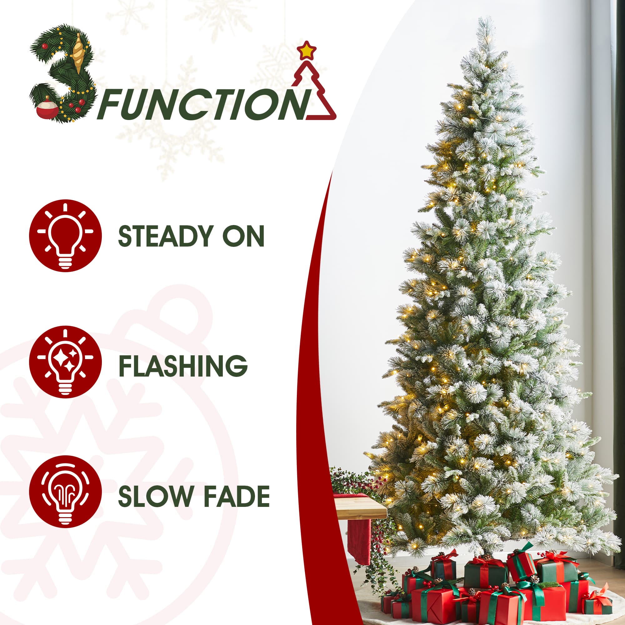 Glitzhome® 9ft Pre-Lit Flocked Slim Pine Artificial Christmas Tree, Warm White LED Lights