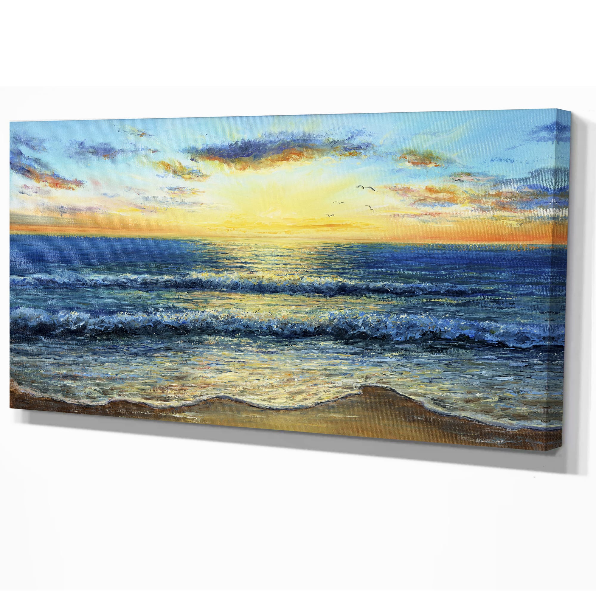 Designart - Ocean and waves at Sunrise - Sea & Shore Painting Print on Wrapped Canvas
