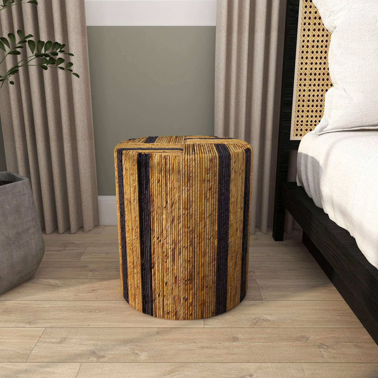 Brown Banana Leaf Handmade Linear Wrapped Accent Table with Navy Stripes