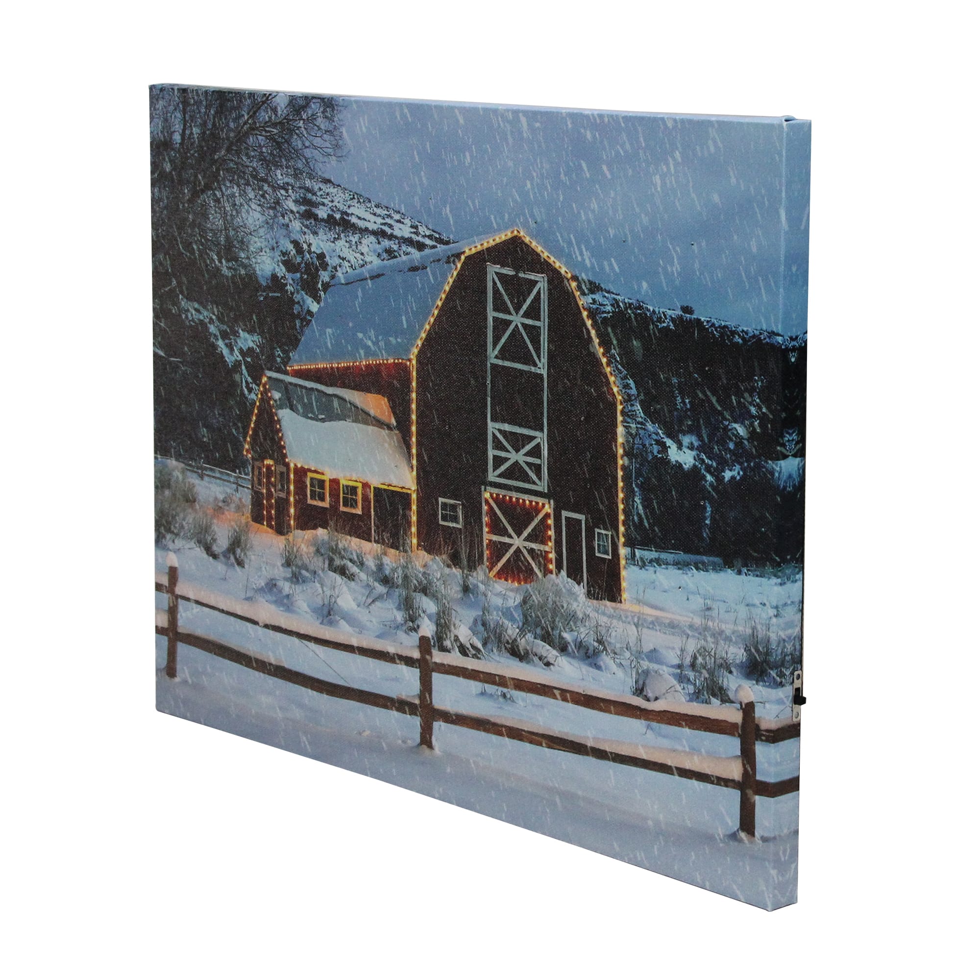 Snowy Red Barn LED Fiber Optic Canvas Wall Art