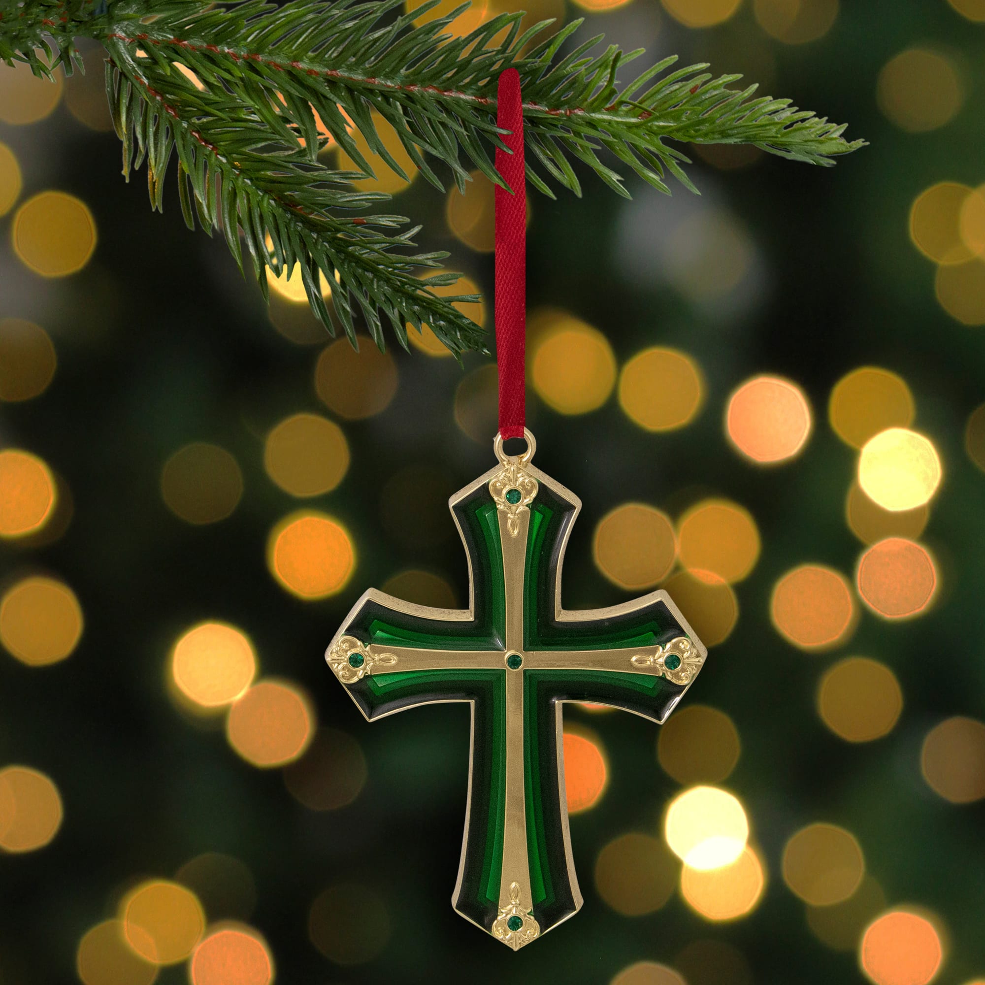 3.5&#x22; Green &#x26; Gold Layering Effect with Crystals Cross Ornament