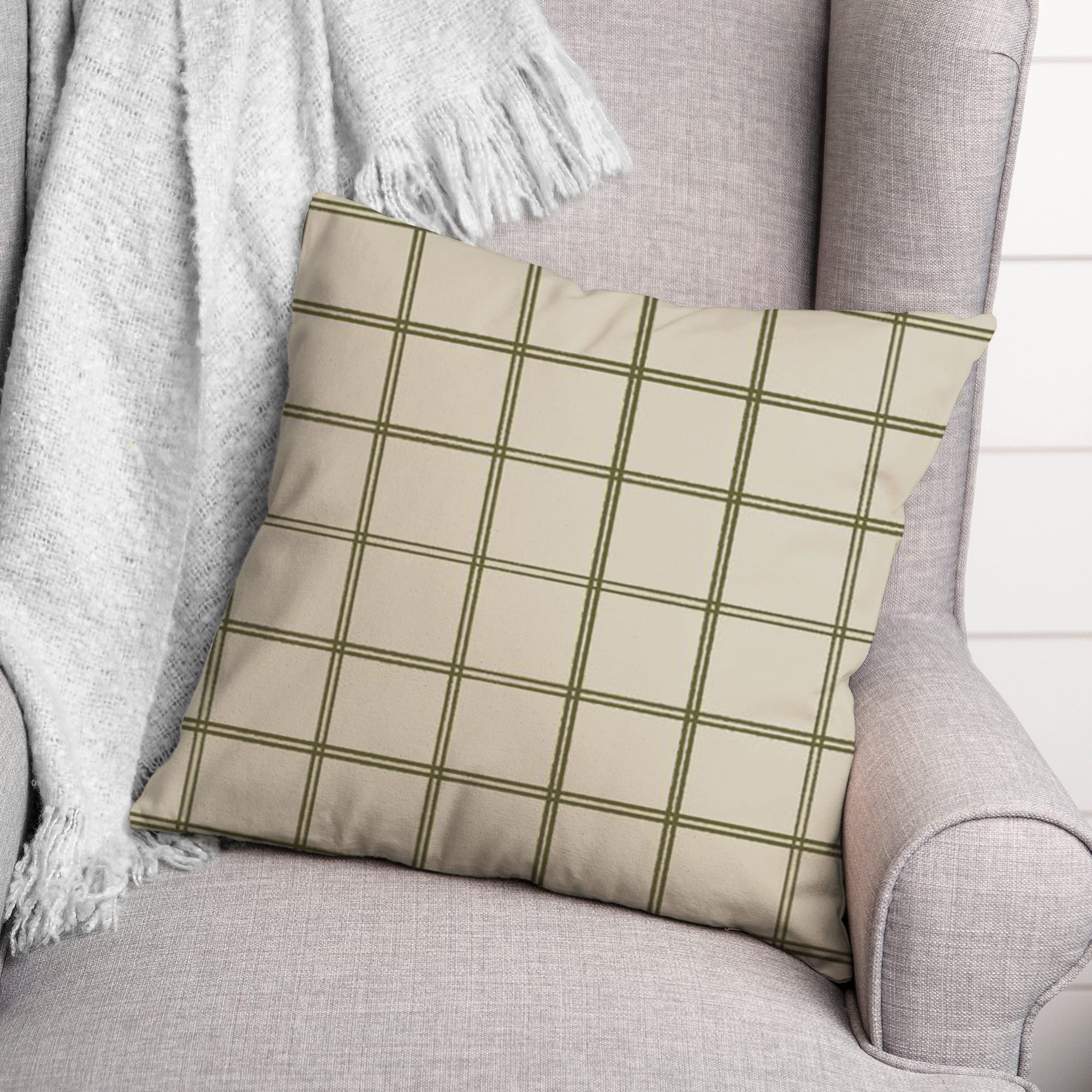 Cream & Green Check Throw Pillow