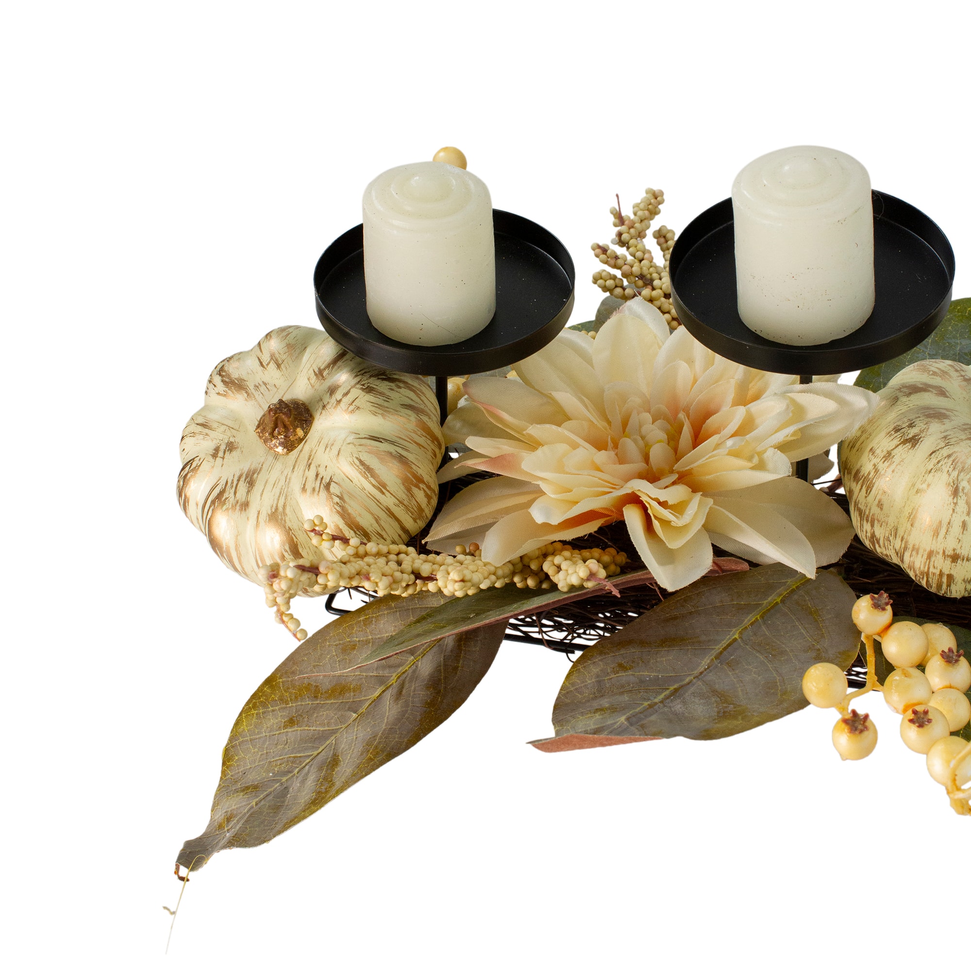 21&#x22; White Dahlia &#x26; Pumpkin Fall Triple Candle Holder