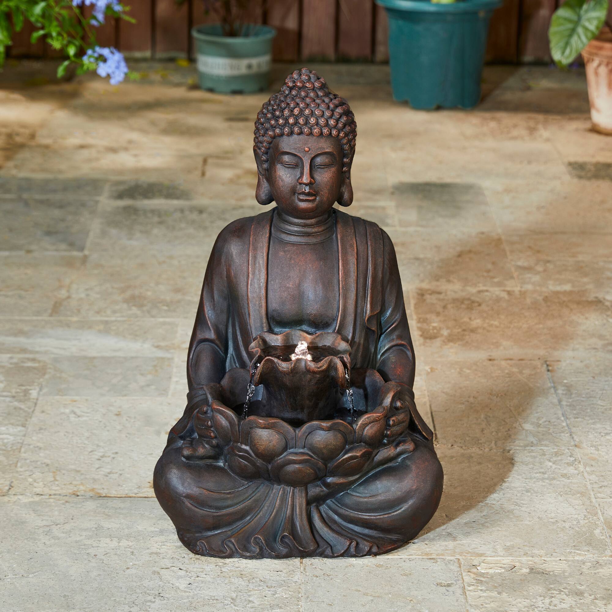 Glitzhome® 23.25" Zen-Style Meditating Buddha Statue Outdoor Fountain with LED Light