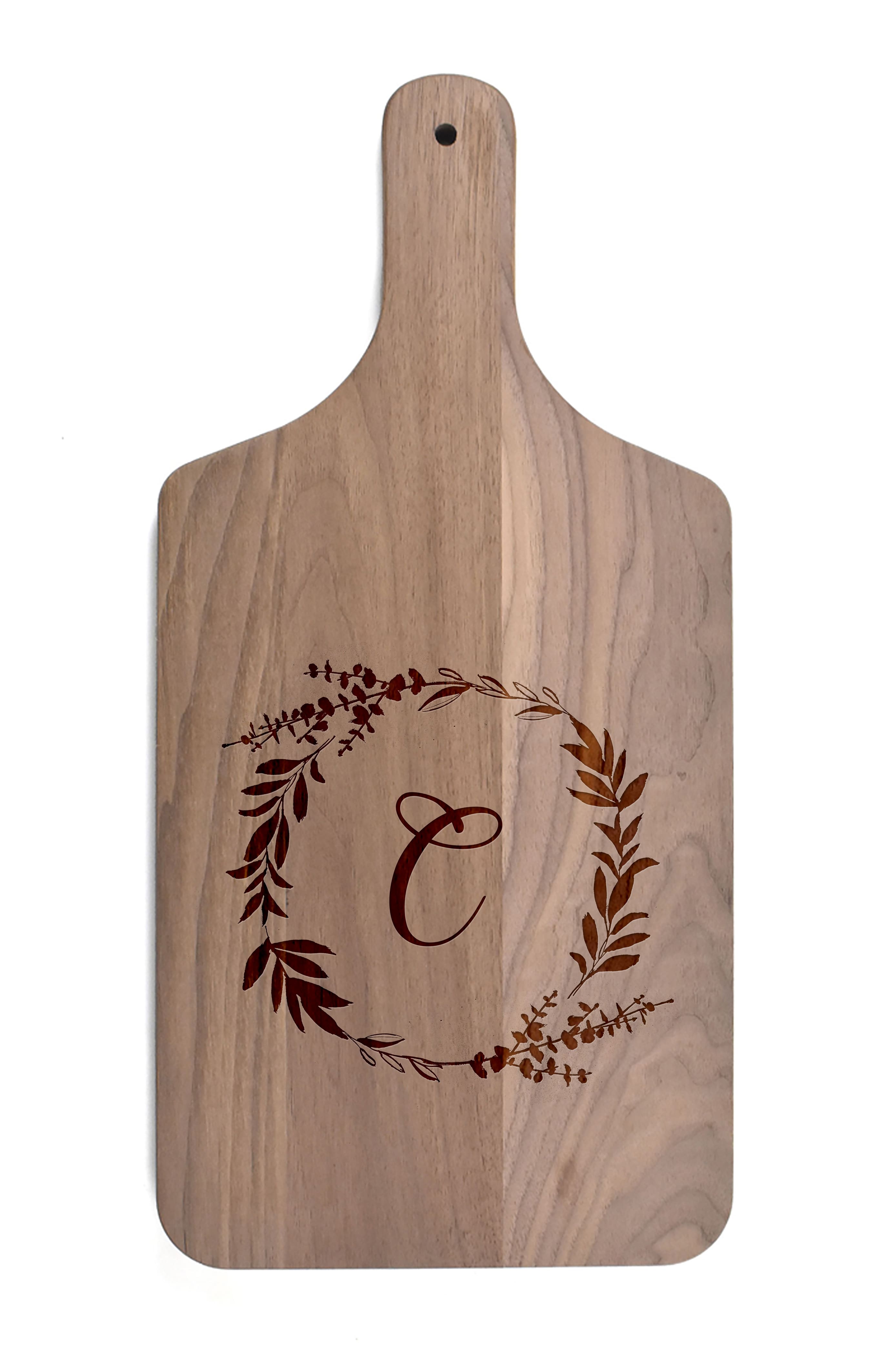 Floral Wreath Monogram Walnut Paddle Cutting Board