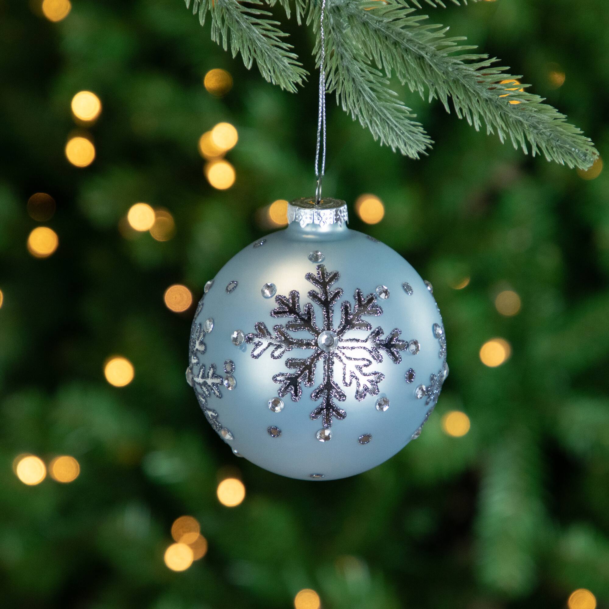 2ct. 4&#x22; Light Blue Jeweled Reflective Snowflakes Glass Ball Ornaments