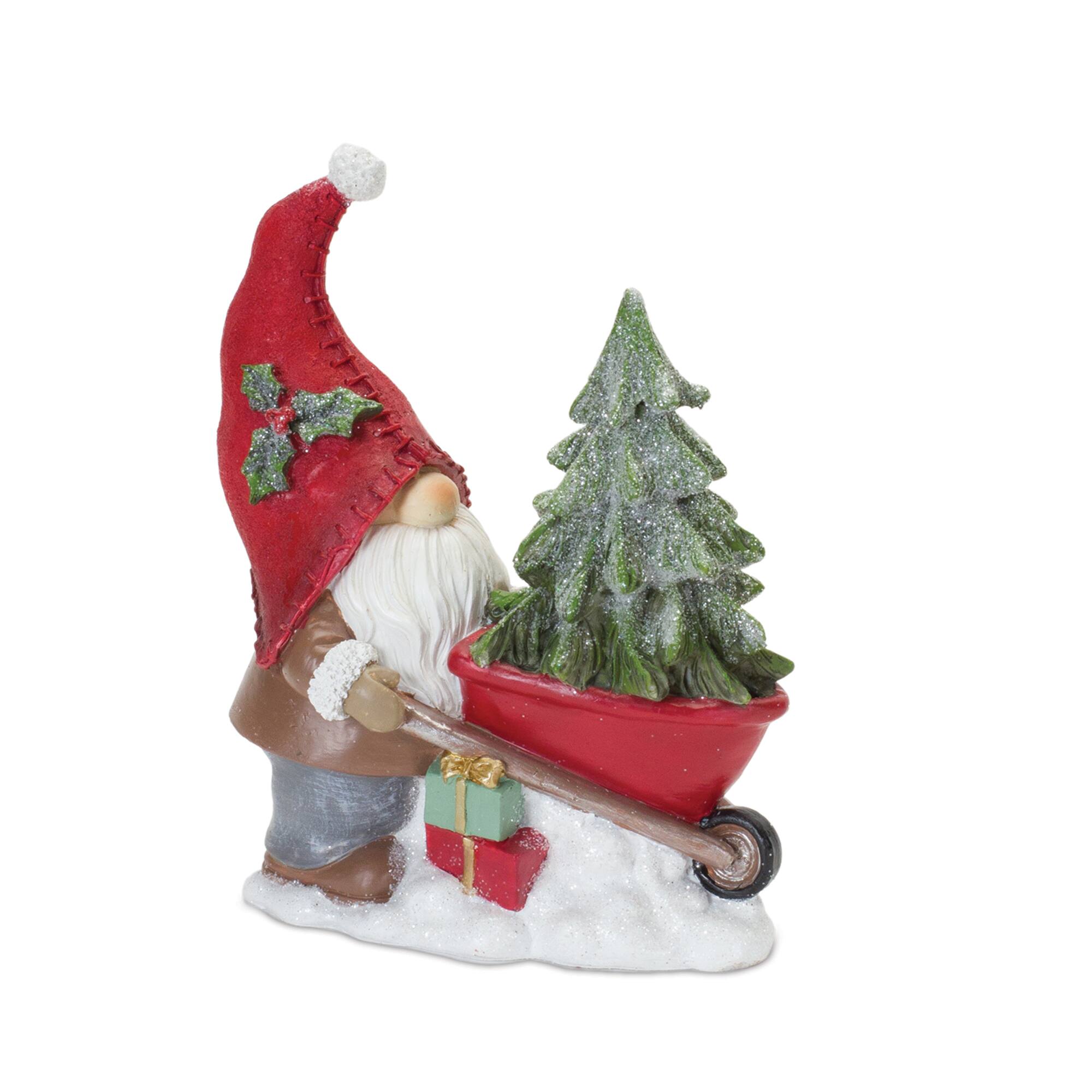 Gnome Figurine with Snowman and Pine Tree Set