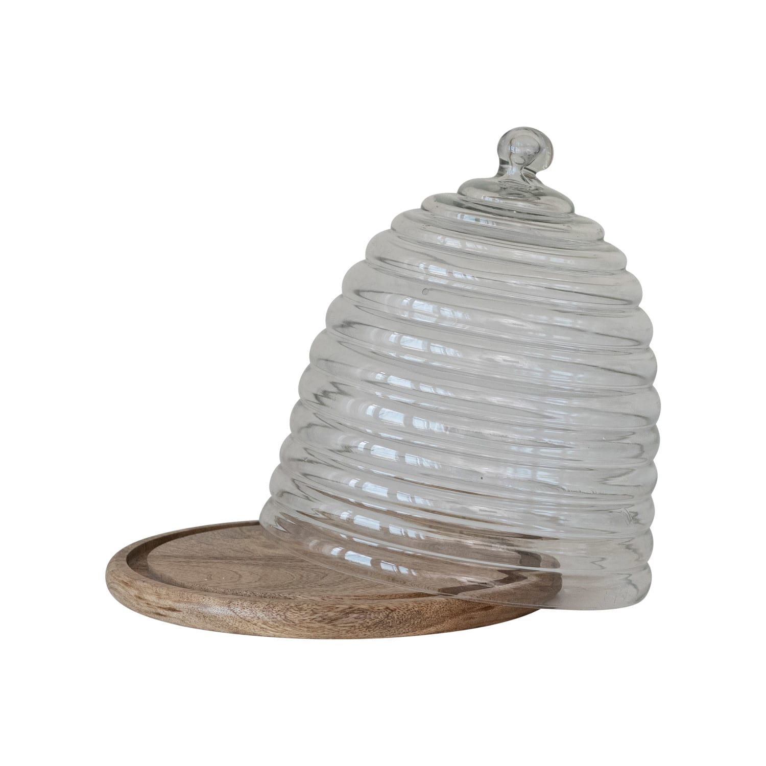 Hello Honey® 11.5" Clear & Natural Reclaimed Etched Glass Beehive Shaped Cloche with Mango Wood Base