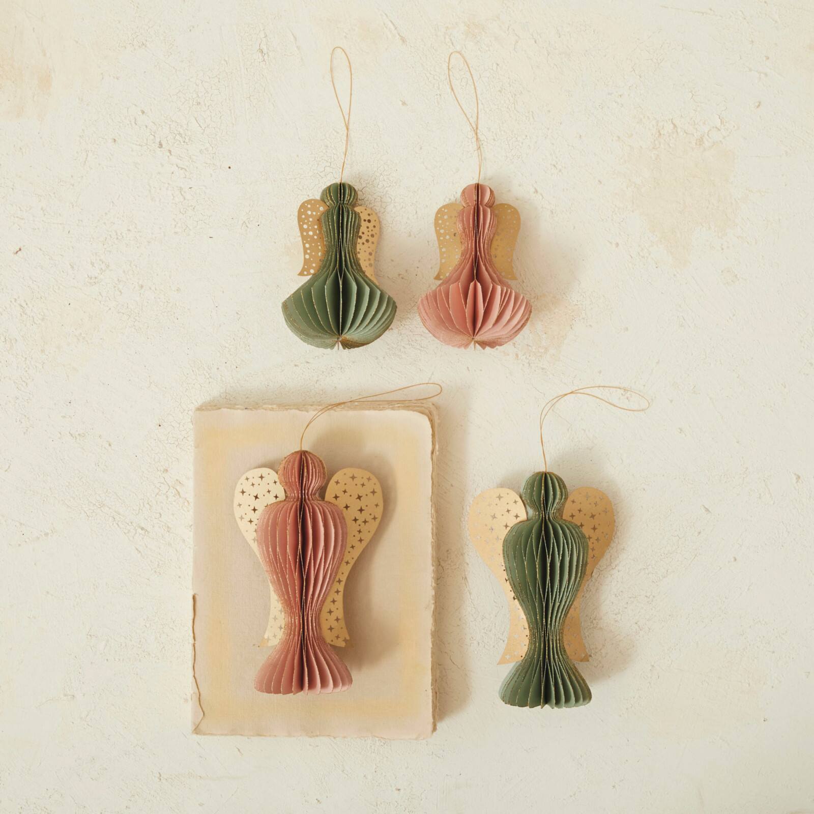 Hello Honey® 3.75" Green & Red Paper Folding Honeycomb Angel Ornament Set with Star Cut-Outs & Gold Glitter