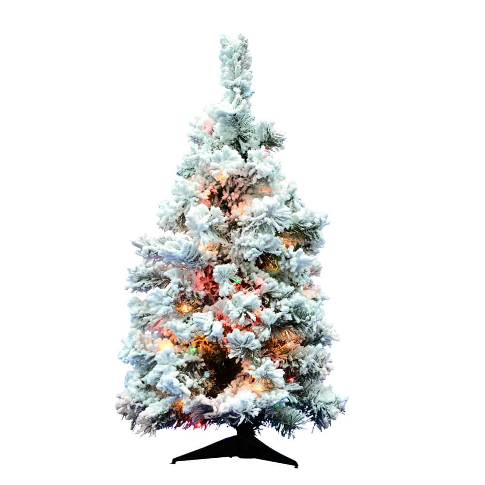 3ft. Pre-Lit Flocked Alaskan Pine Artificial Christmas Tree, Multicolor Dura-Lit&#xAE; Lights