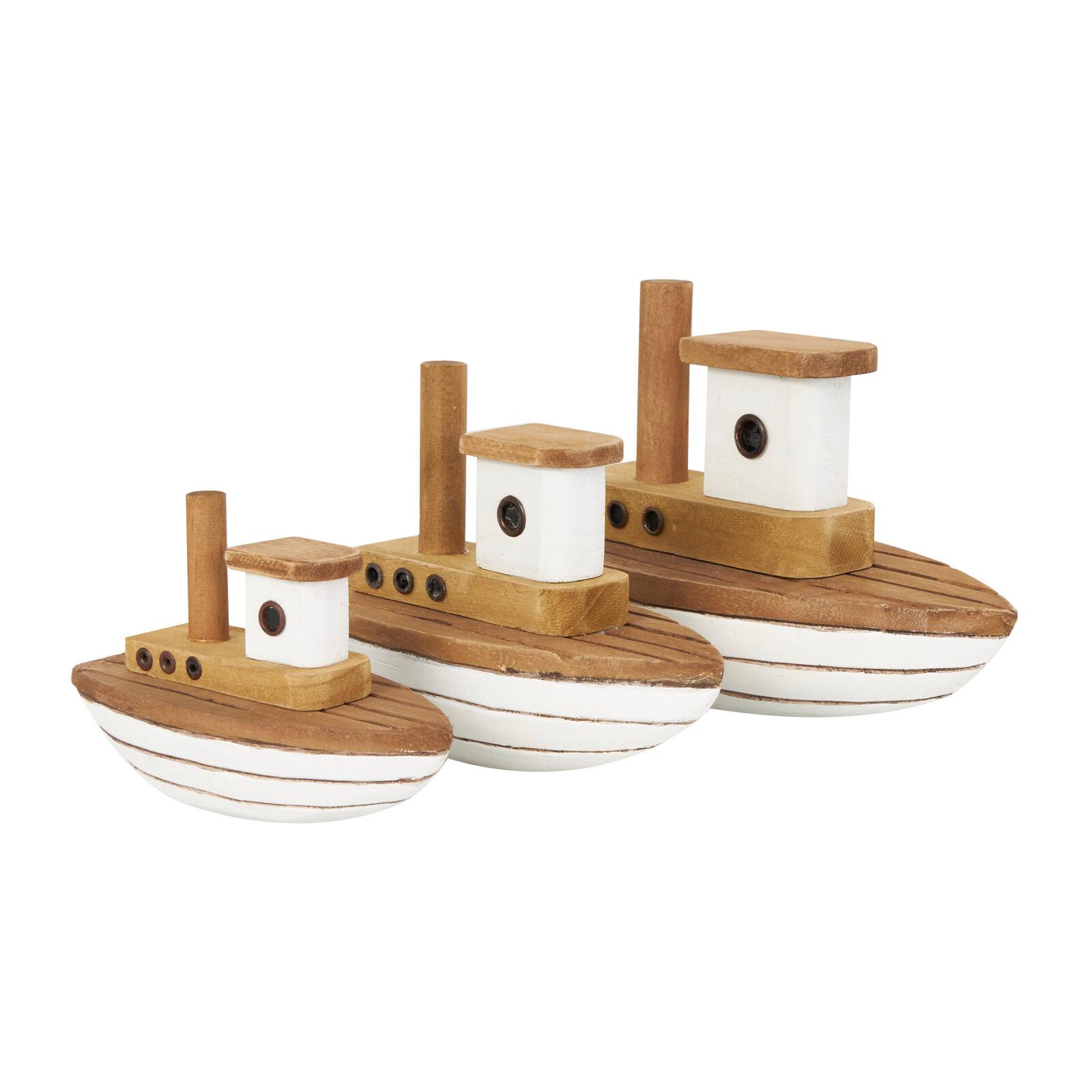 Brown & White Handmade Wood Boat Sculpture Set