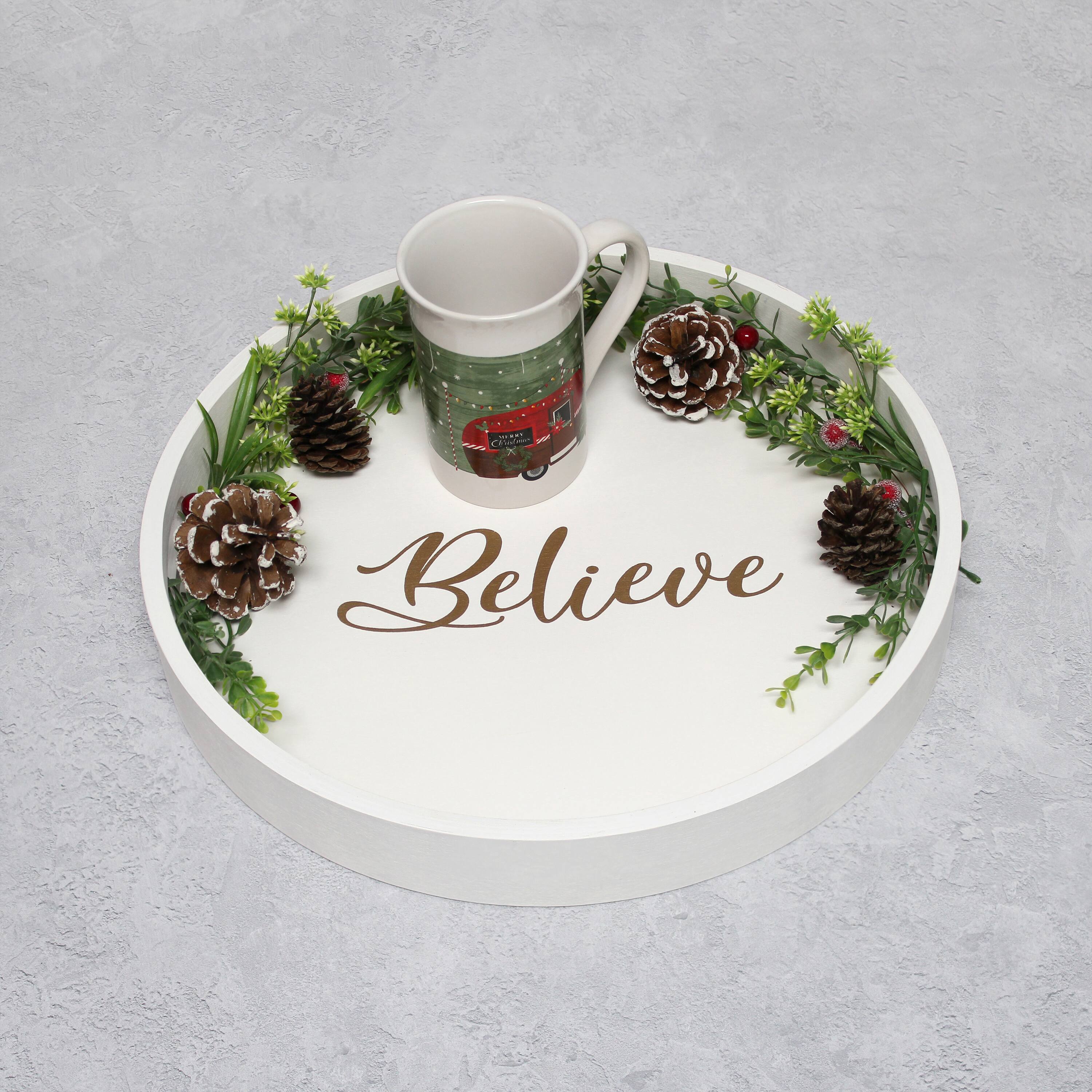 Elegant Designs™ 13.8" Round White Wash Believe Serving Tray with Handles