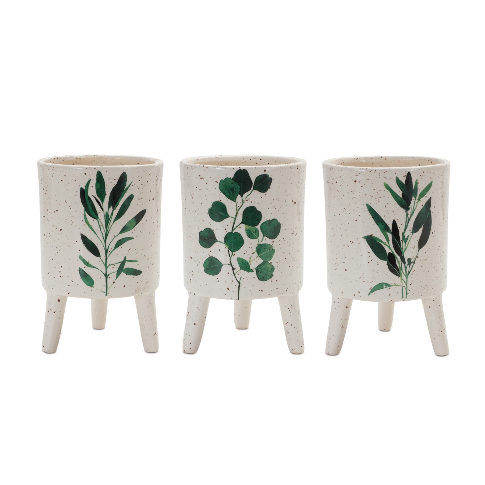 6" Footed Green Foliage Print Dolomite Planter Set