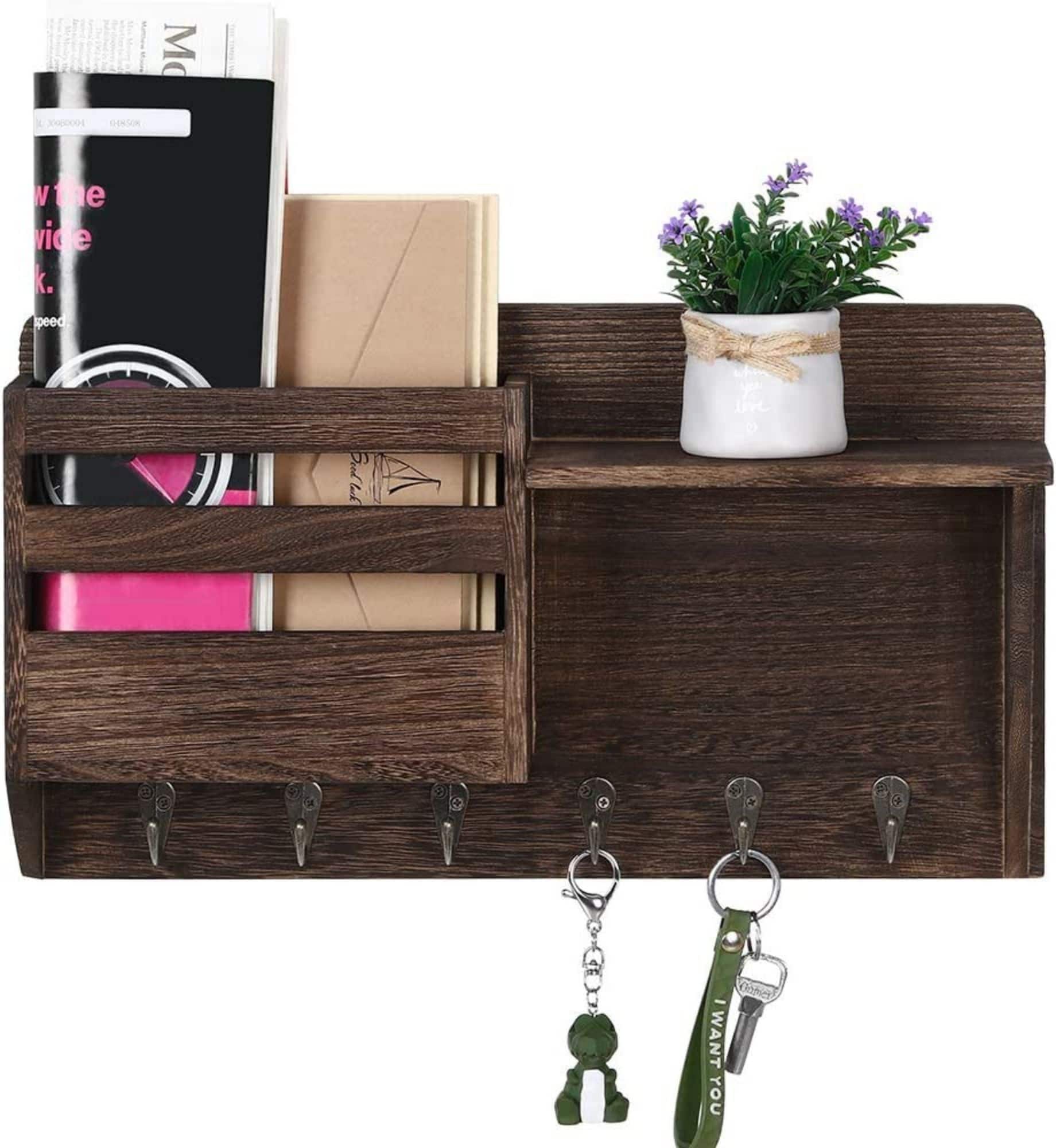 NEX™ 16" Brown Wall-Mounted Mail & Key Holder Organizer with 6 Key Hooks