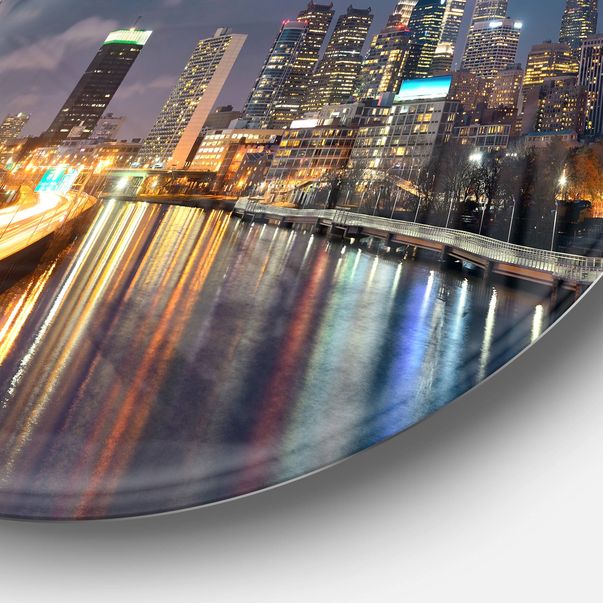 Designart - Philadelphia Skyline at Night&#x27; Ultra Glossy Cityscape Circle Wall Art