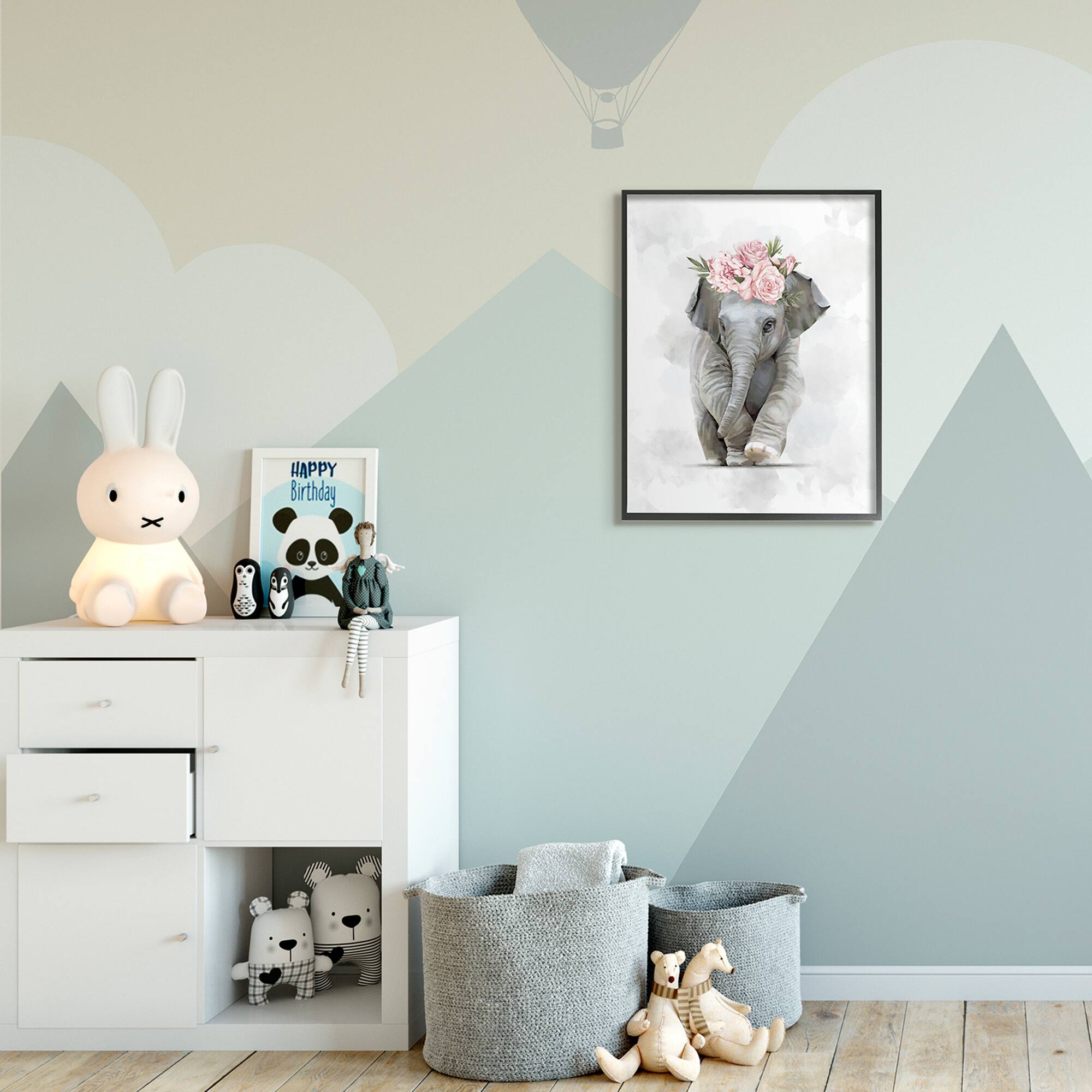 Stupell Industries Adorable Baby Elephant Eye-Catching Pink Flower Crown in Black Frame Wall Art