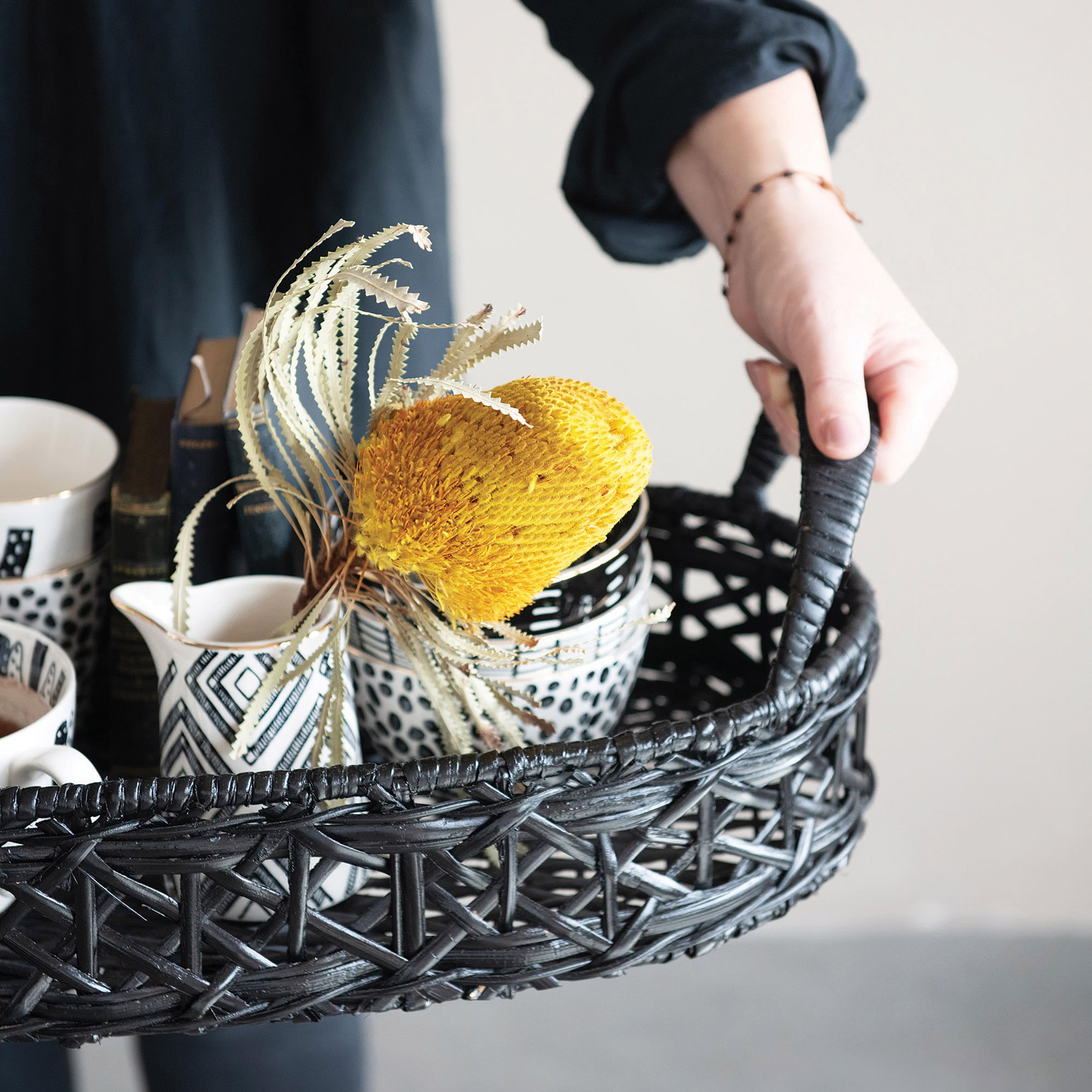 2.5ft. Black Hand-Woven Rattan Tray with Handles