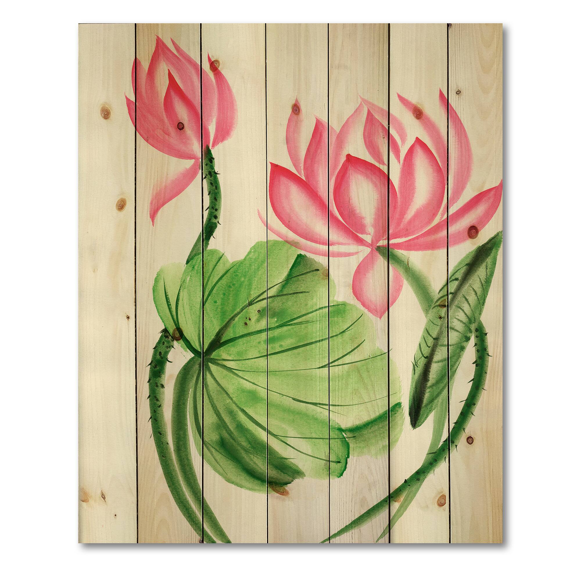 Designart - Lotus and The Dragonfly II - Traditional Print on Natural Pine Wood