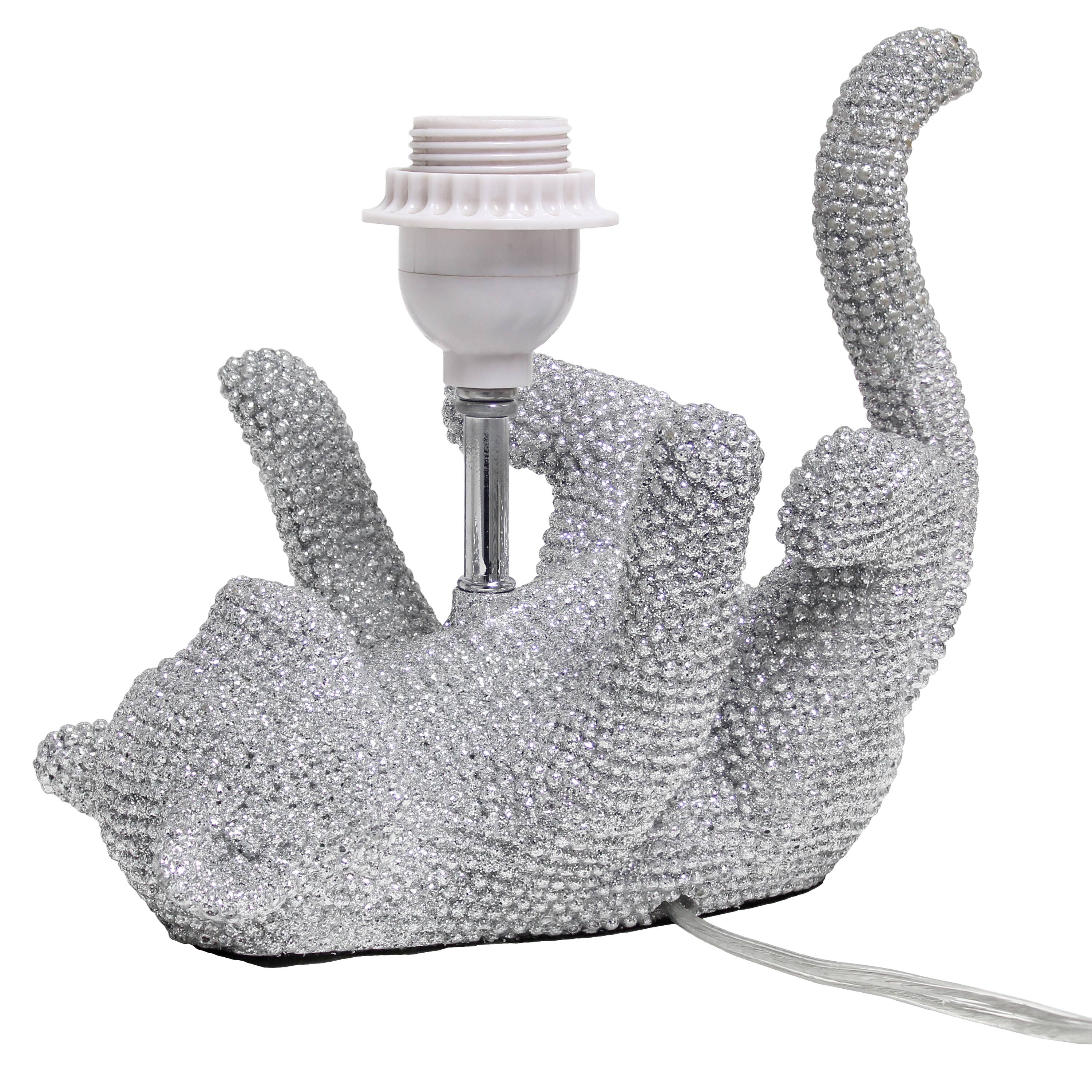 Lalia Home 12.6&#x22; Silver Diamond Studded Cat Table Lamp with Faux Silk Shade