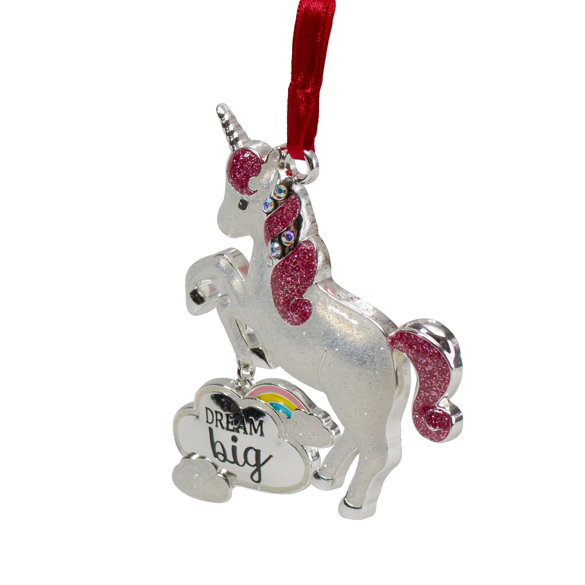 White And Silver Glitter Dream Big Unicorn Enamel Ornament