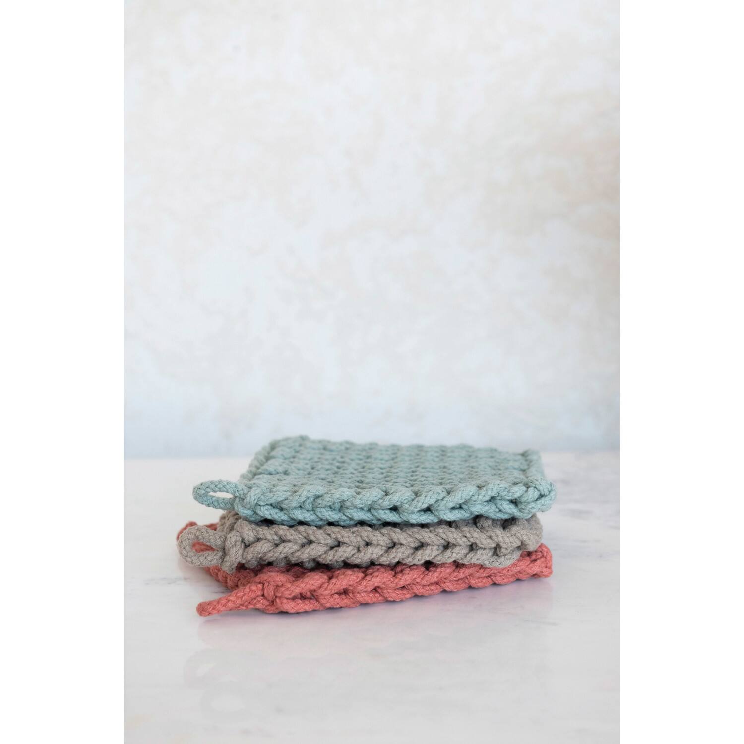 Hello Honey&#xAE; 8&#x22; Blue, Red &#x26; Brown Square Crocheted Cotton Pot Holder Set