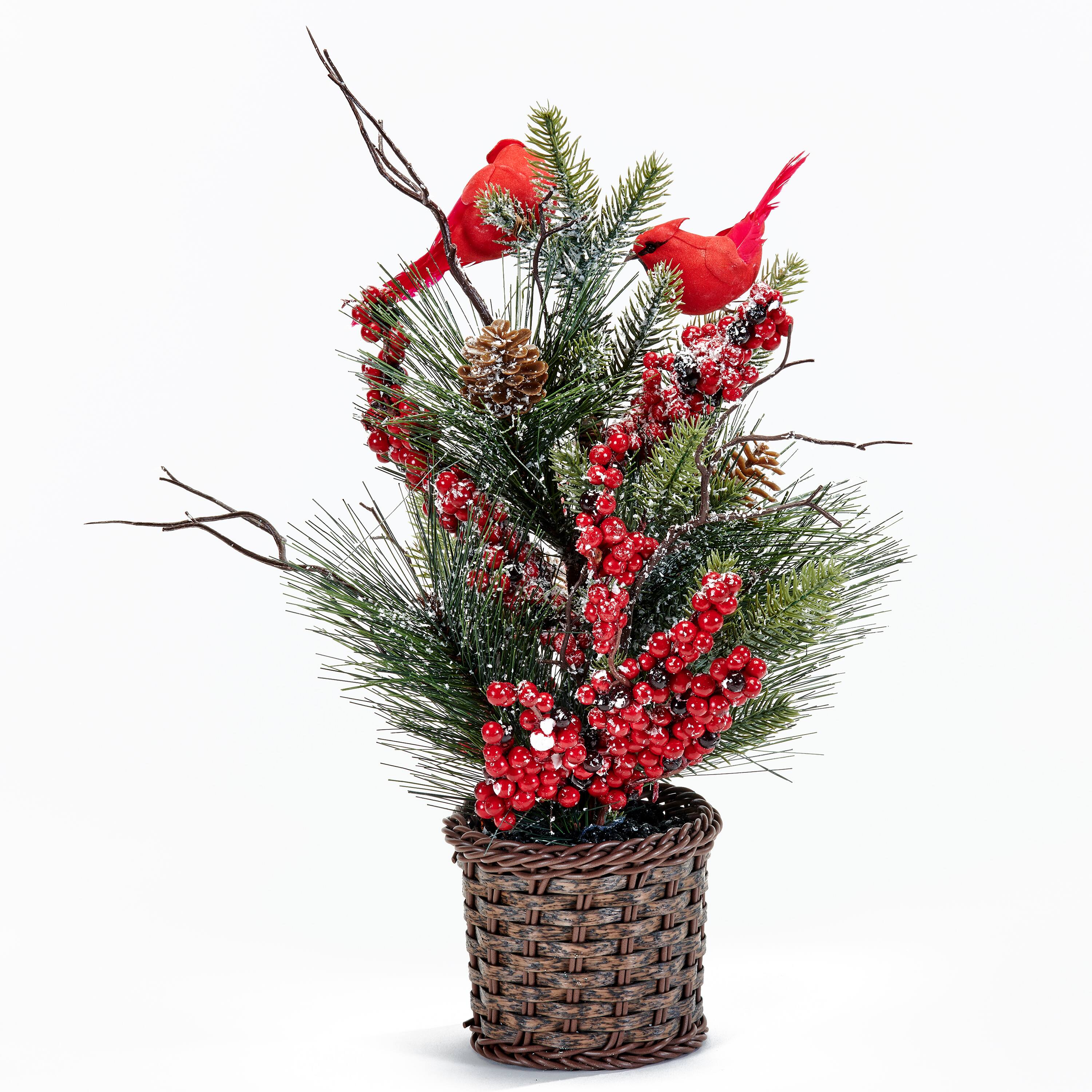 16" Christmas Basket with Artificial Red Berries, Pine, Cardinals & Cones