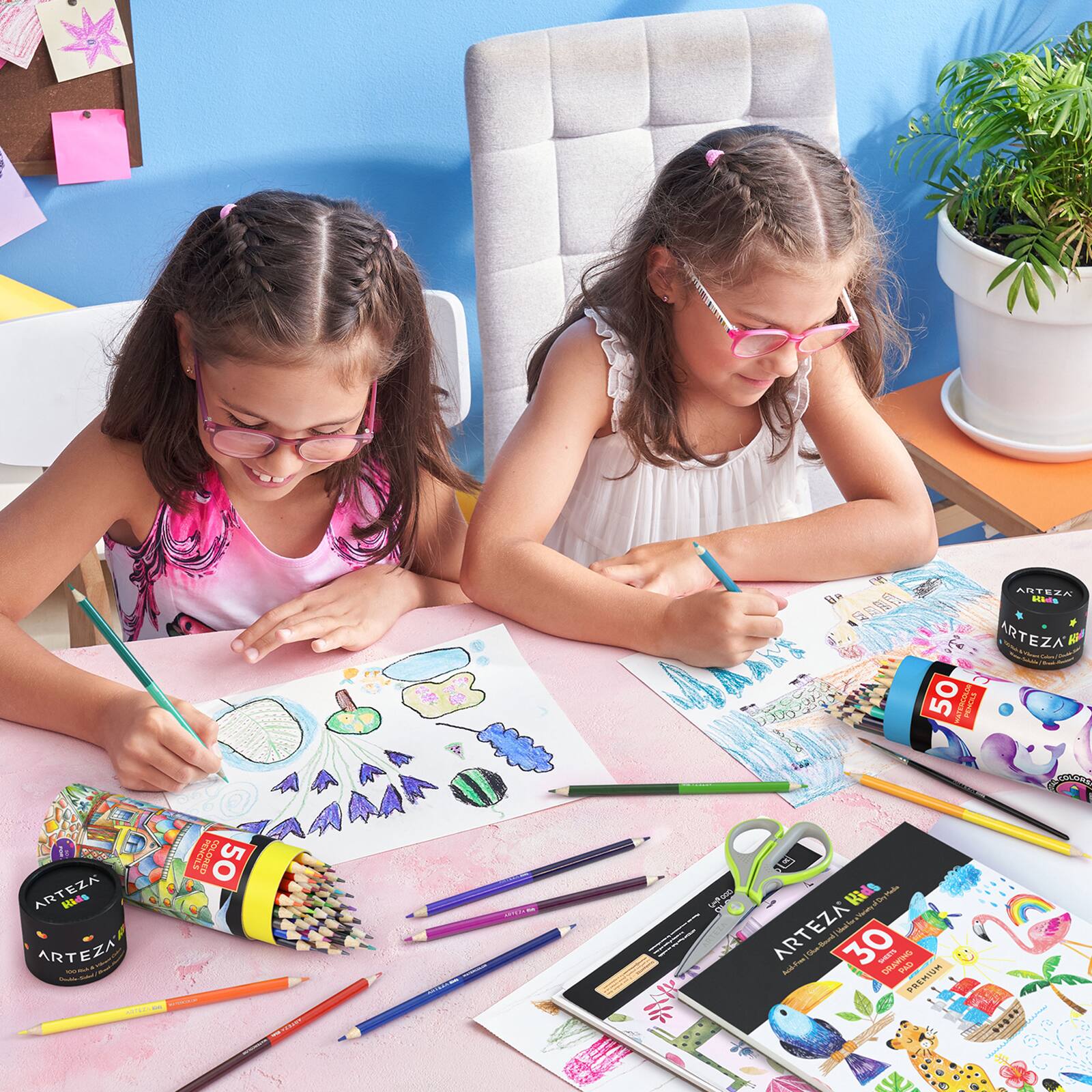 Arteza&#xAE; Kids Dual Sided Watercolor Pencils with Watercolor Brush, 50 pcs