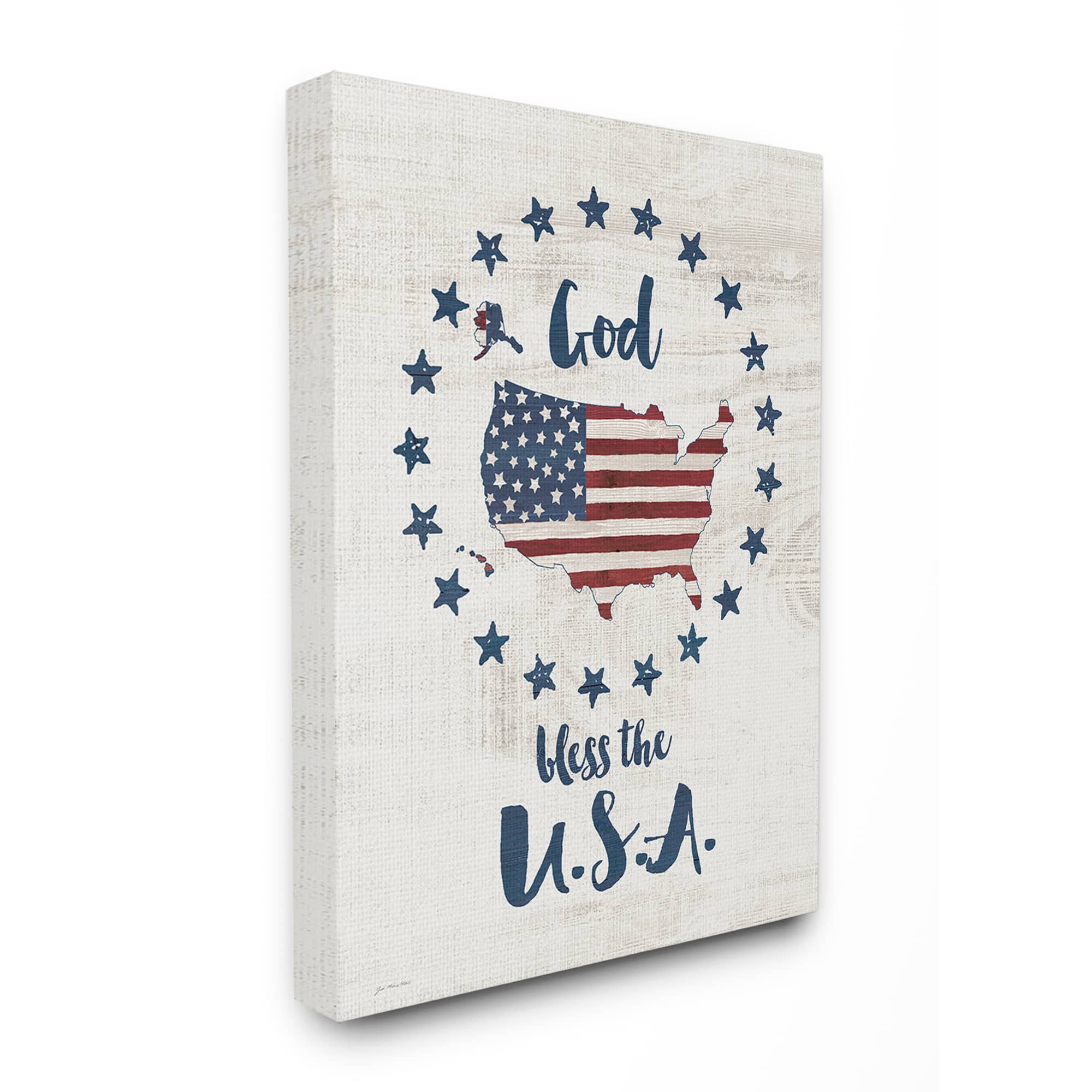 Stupell Industries God Bless the USA Stars and Stripes Americana Rustic Wood Look Sign Canvas Wall Art