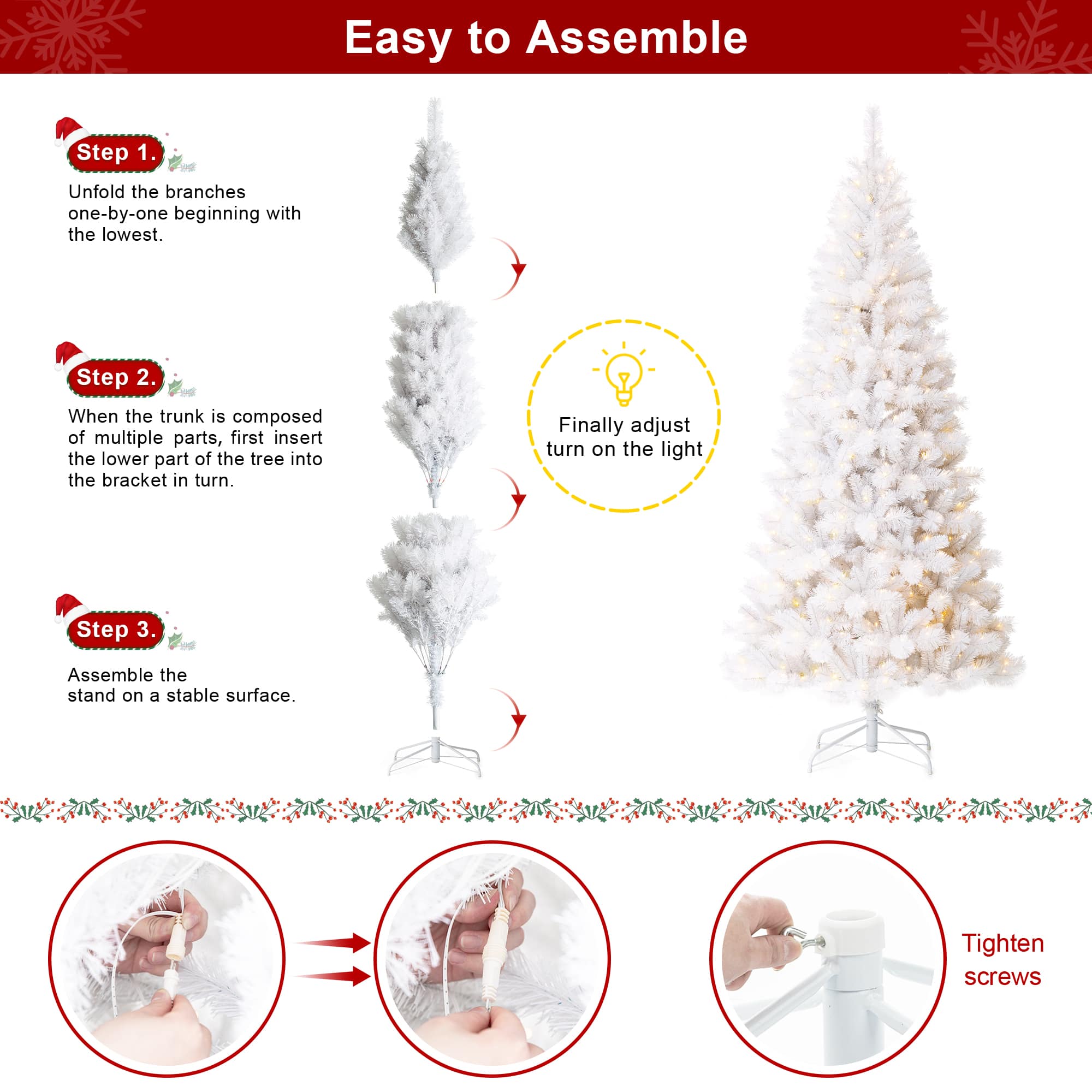 Glitzhome&#xAE; 8ft. Pre-Lit White Pine Artificial Christmas Tree, Warm White Lights