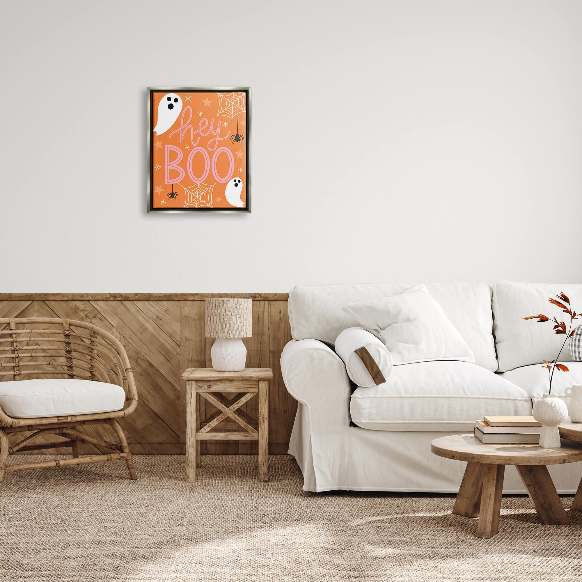 Stupell Industries Hey Boo Orange Halloween Ghosts Framed Floater Canvas Wall Art