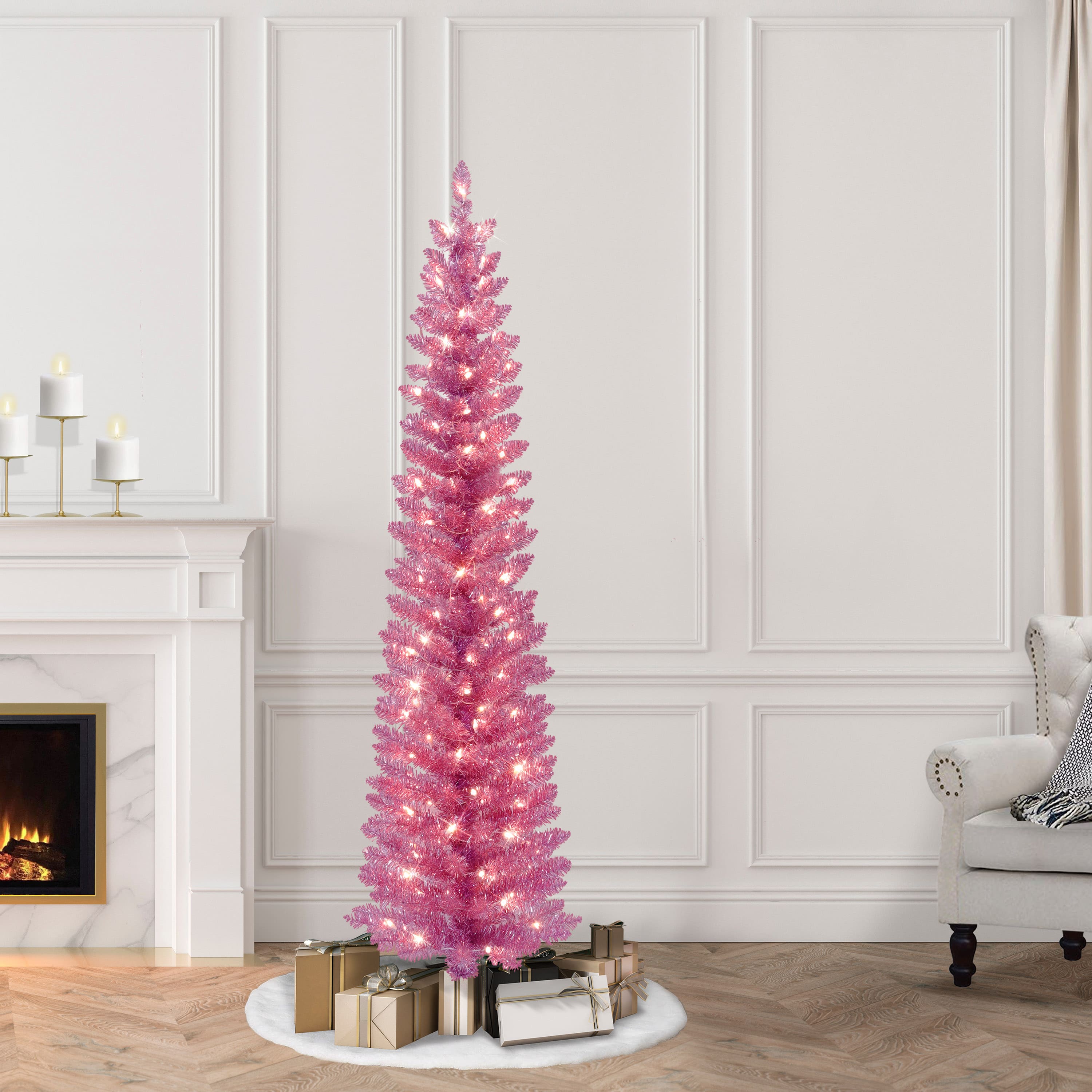 6ft. Pre-Lit Pink Tinsel Artificial Tree, Clear Lights
