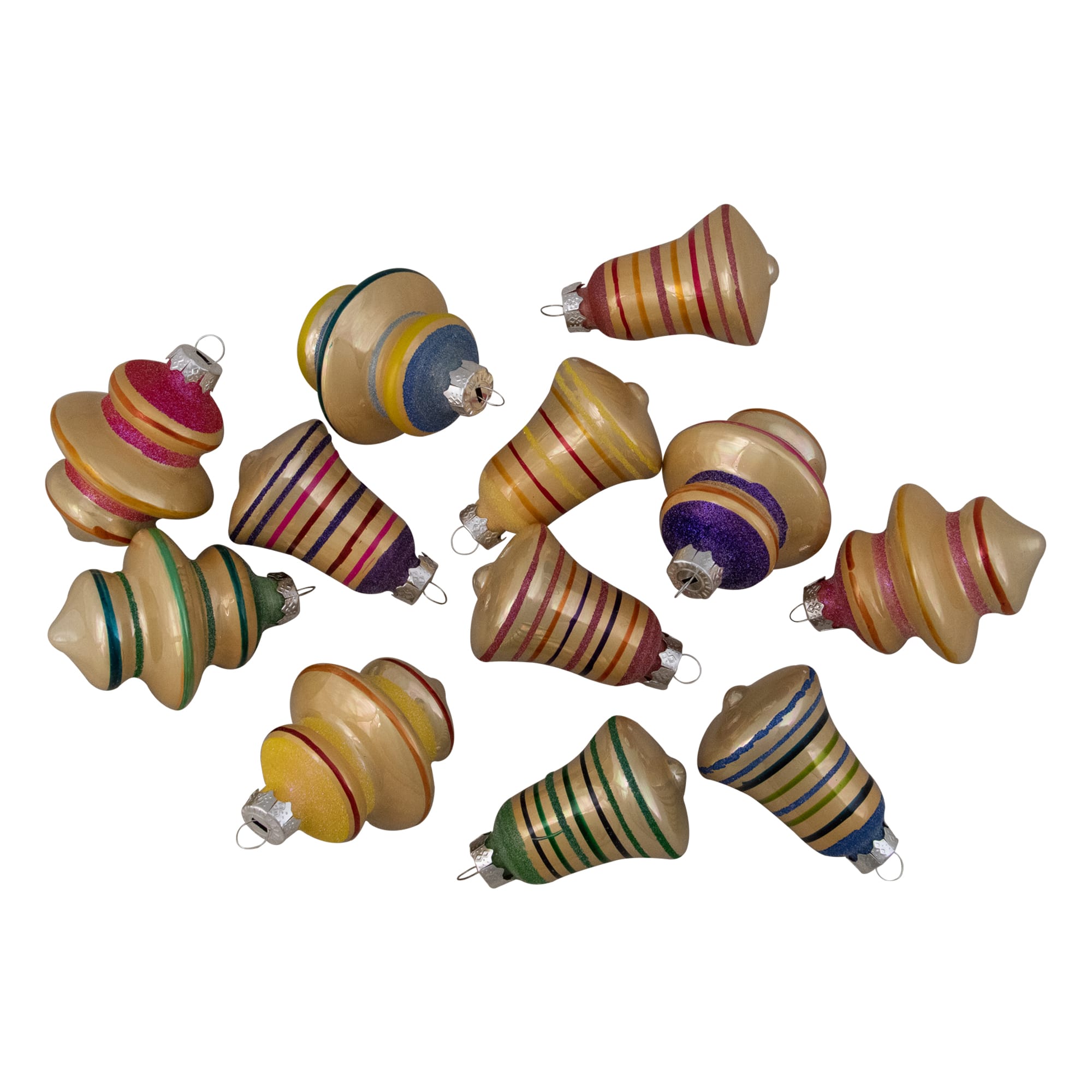 12ct. 2.75&#x22; Purple &#x26; Yellow 2-Finish Striped Glass Finial &#x26; Bell Ornaments