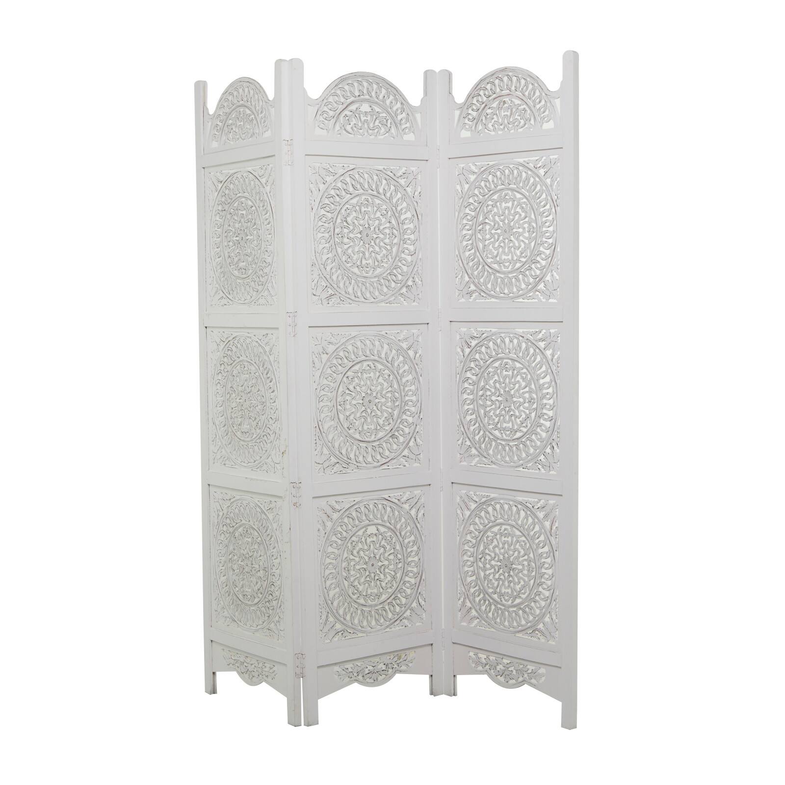 White Wood Hinged Foldable Partition 3 Panel Floral Room Divider Screen ...