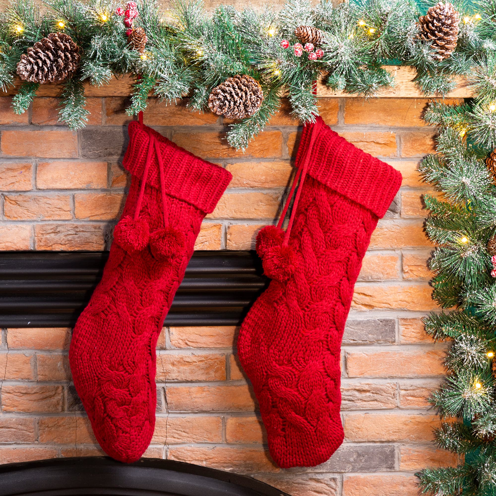 Glitzhome® 24" Red Knitted Polyester Christmas Stocking with Pom Pom, 2ct.