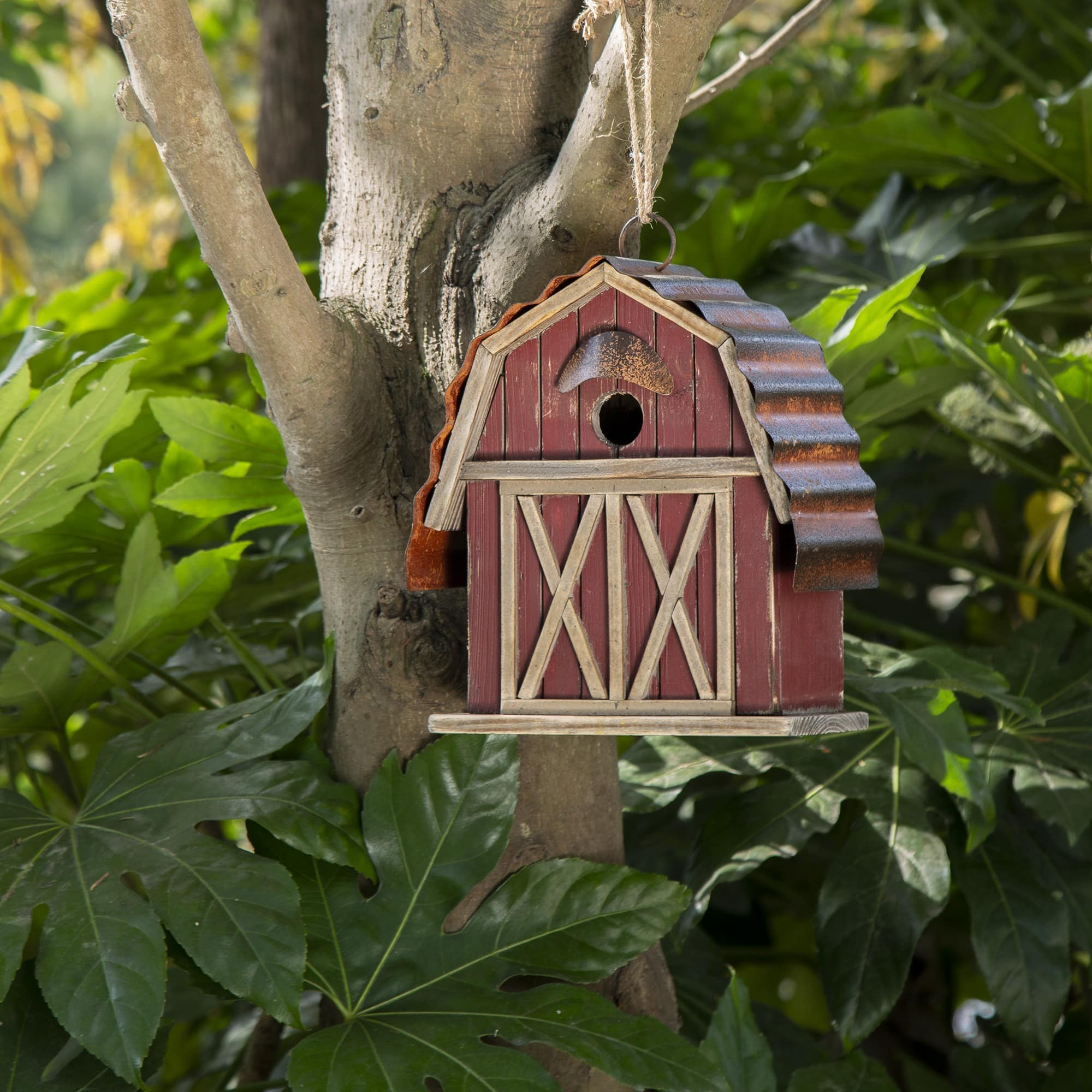 Glitzhome® 10" Hanging Wooden Red Barn Garden Birdhouse