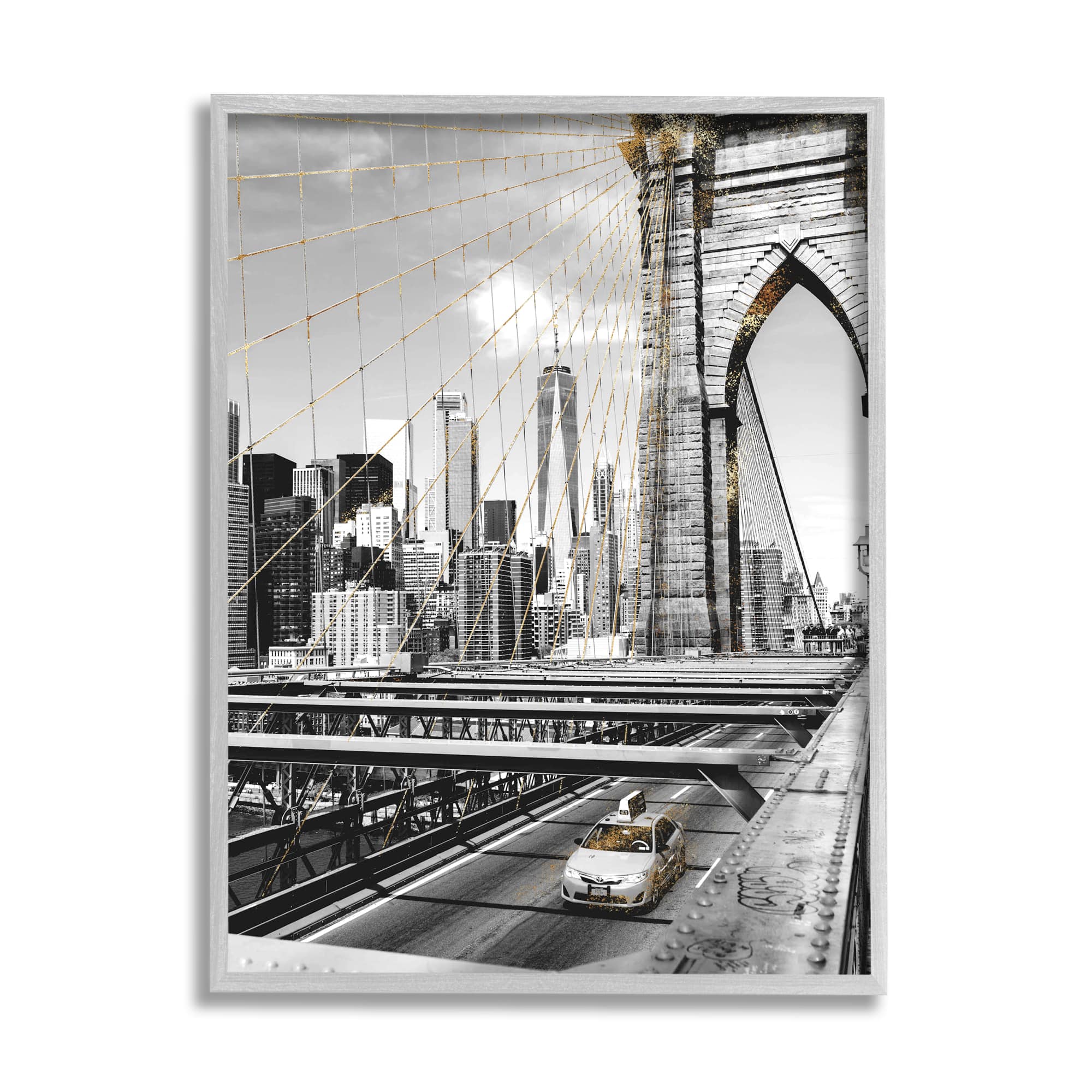 Stupell Industries Brooklyn Bridge Urban City Architecture Taxi Driving Photography Framed Wall Art