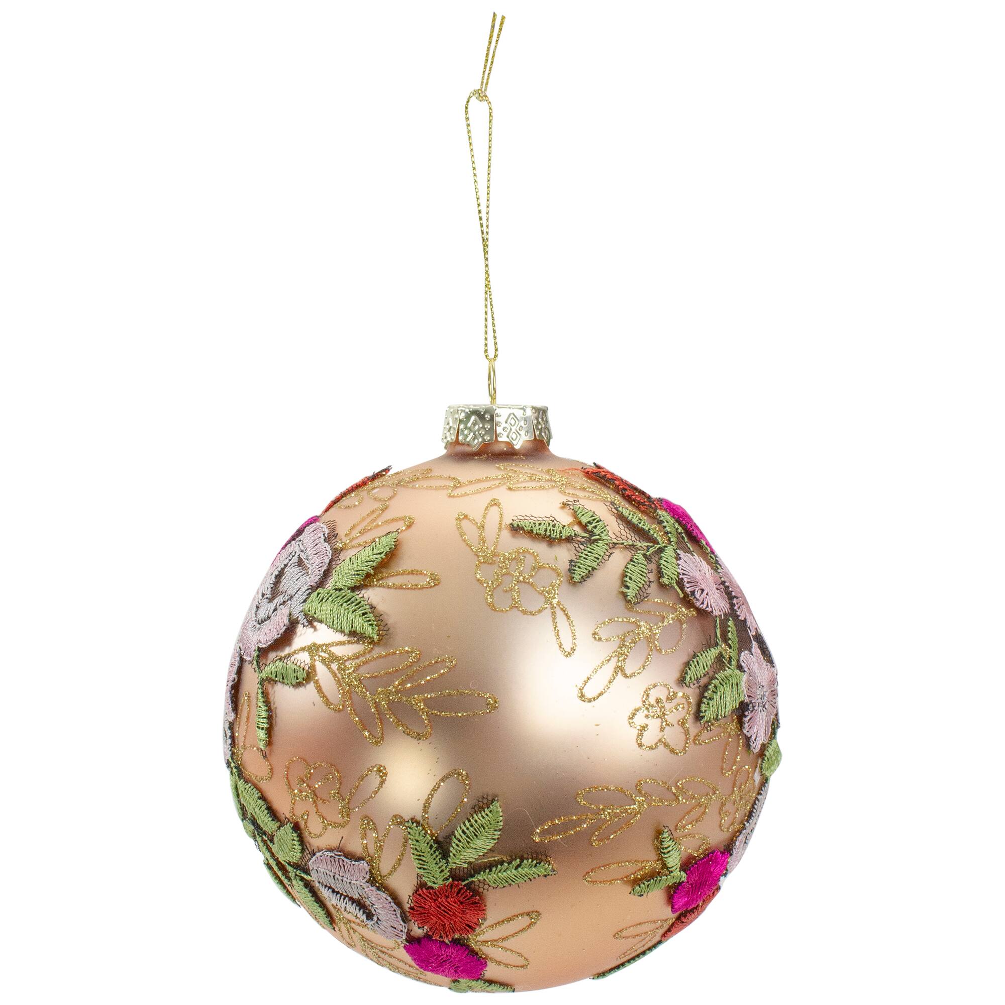 4.5&#x22; Pink Floral Applique Glass Ball Ornament