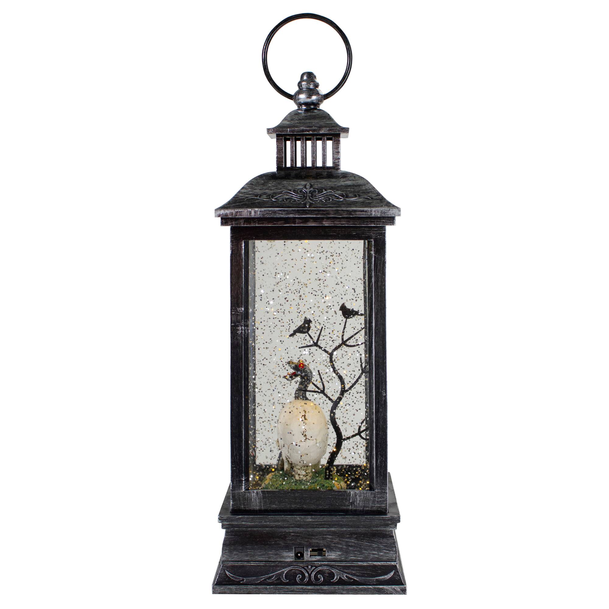 11" Black & Brushed Silver LED Skull Head Halloween Snow Globe Lantern