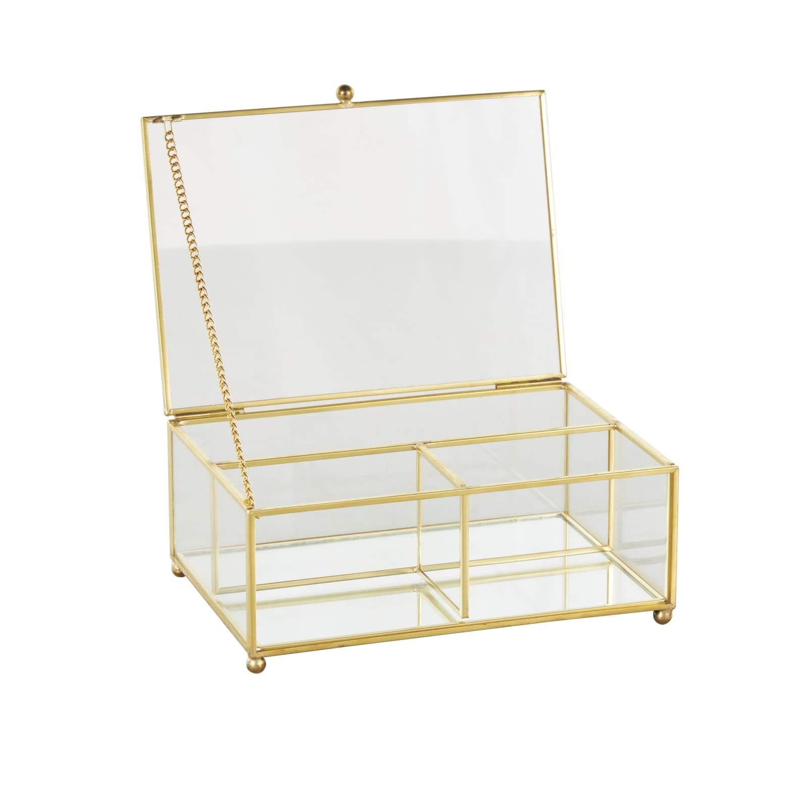 7&#x22; x 5&#x22; x 3&#x22; Clear &#x26; Gold 3-Slot Glass &#x26; Metal Jewelry Box with Chain Accent