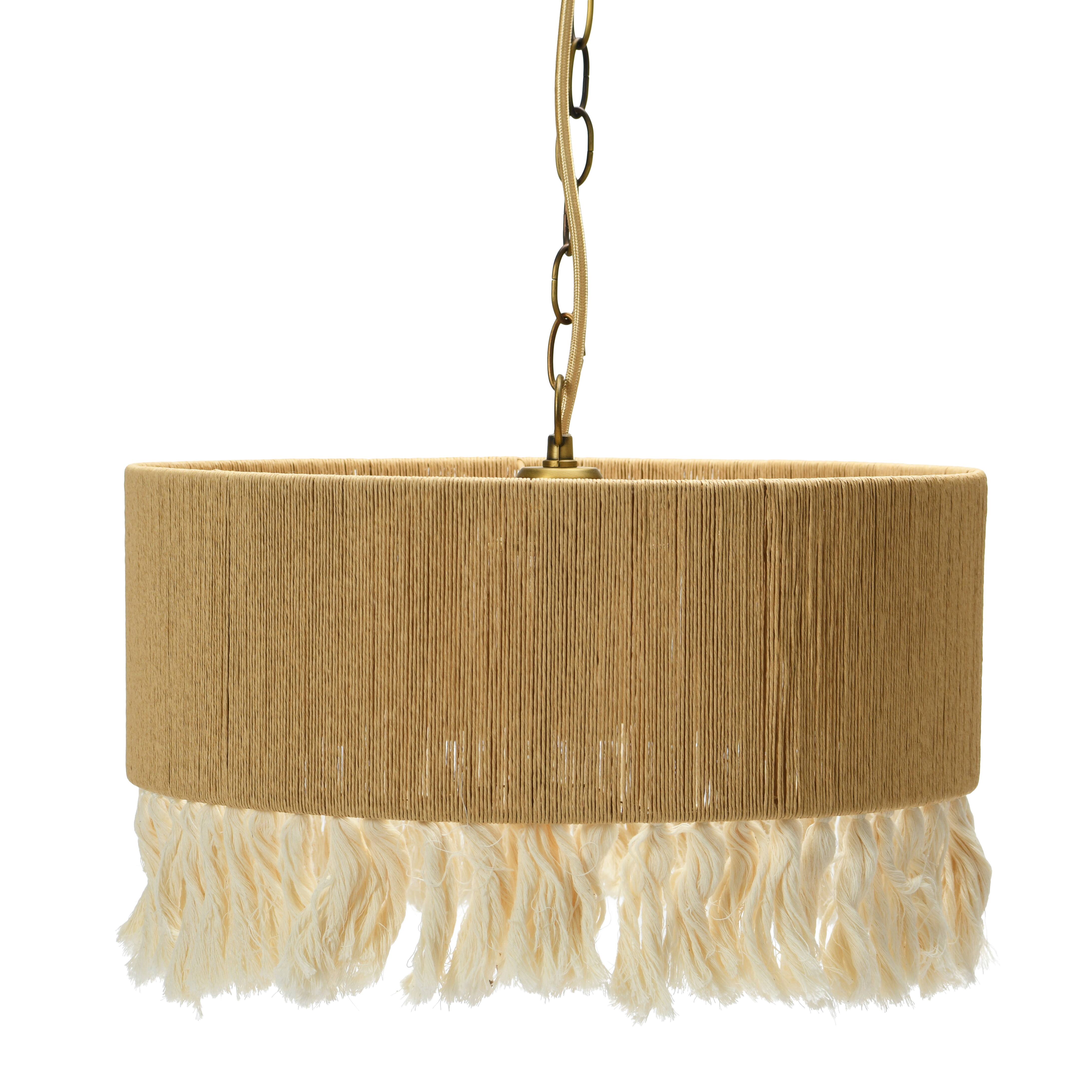 Hello Honey&#xAE; 16&#x22; Brown Coastal Pendant Lamp with Natural Paper Rope Shade, Fringe Detail and Iron Base