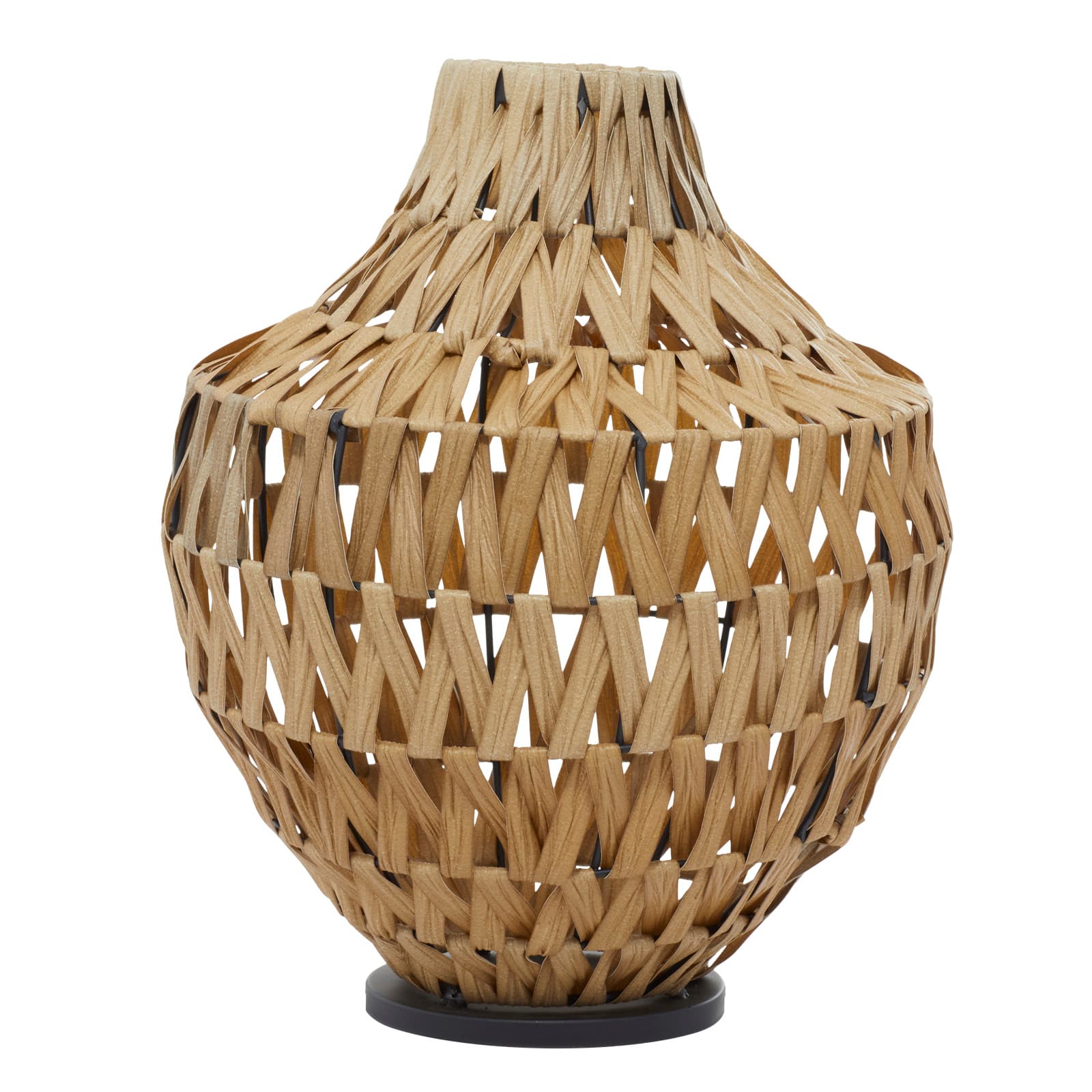 Brown Plastic Rattan Handmade Woven Vase with Black Metal Base 14" x 14" x 17"
