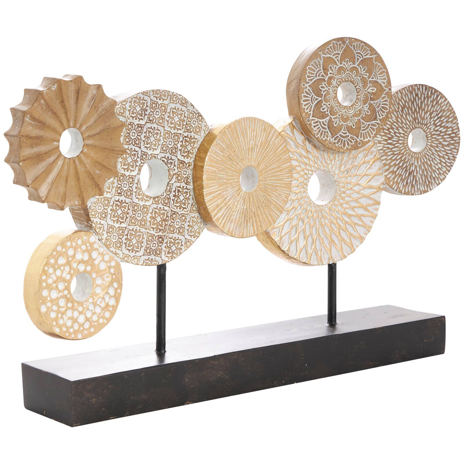 12" Beige Abstract Floral Circle Metal Sculpture Stand