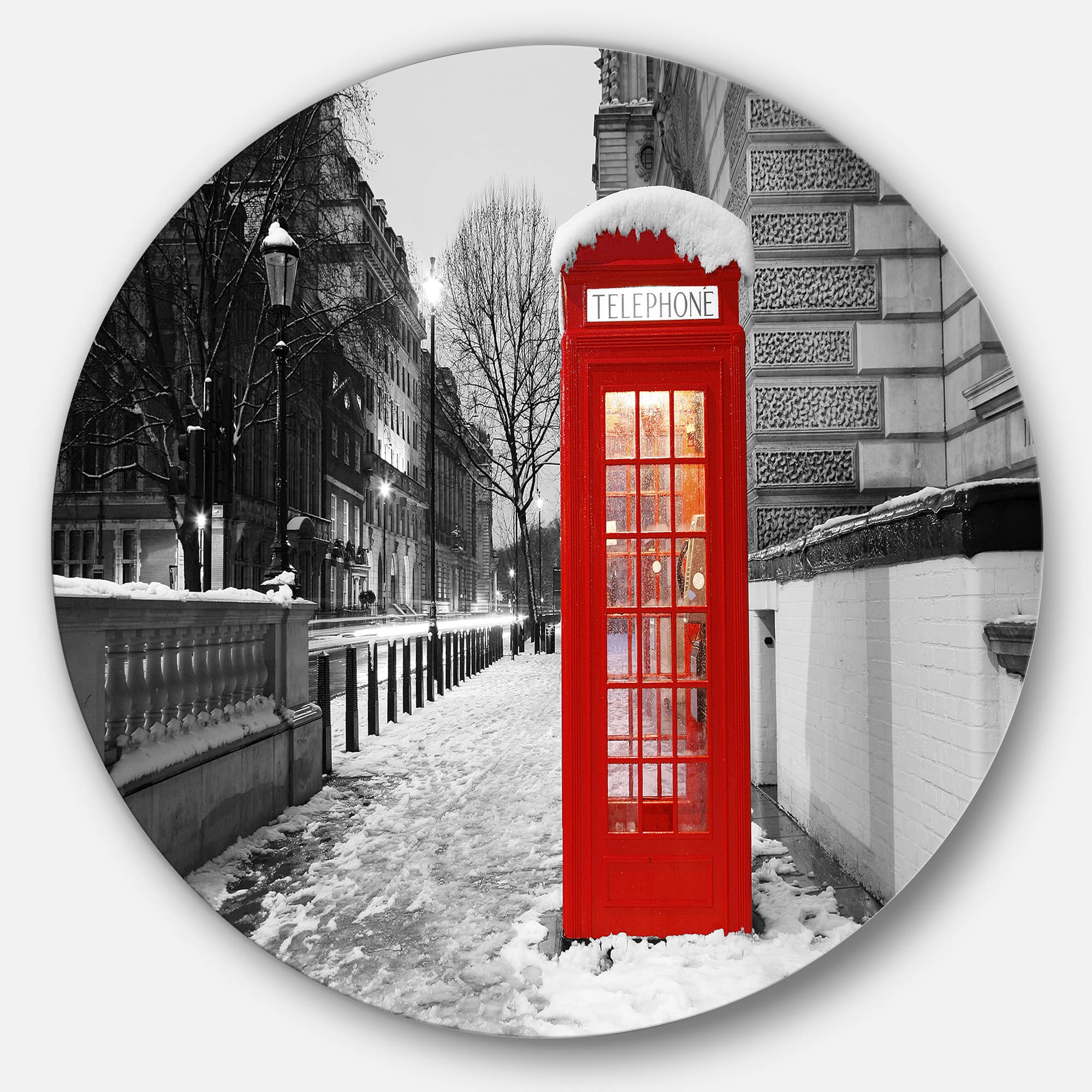 Designart - Red London Telephone Booth&#x27; Ultra Glossy Cityscape Metal Circle Wall Art