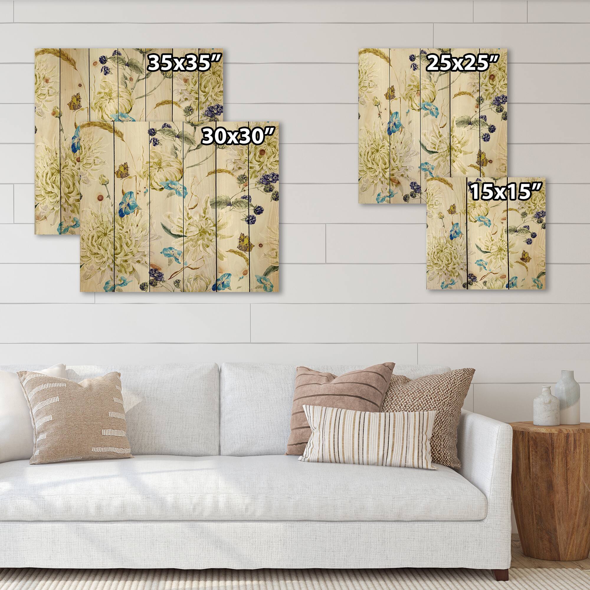 Designart - Vintage Yellow Chrysanthemus II - Traditional Print on Natural Pine Wood