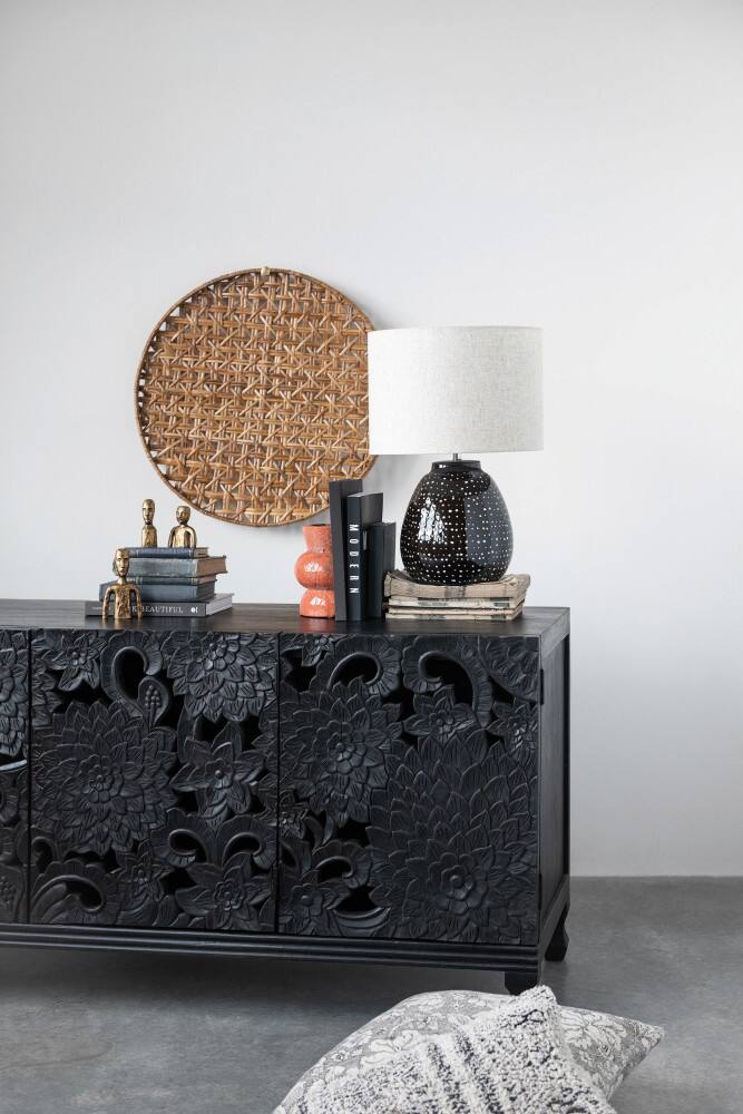 Hello Honey® 22" Black and White Dotted Stoneware Table Lamp with Linen Shade