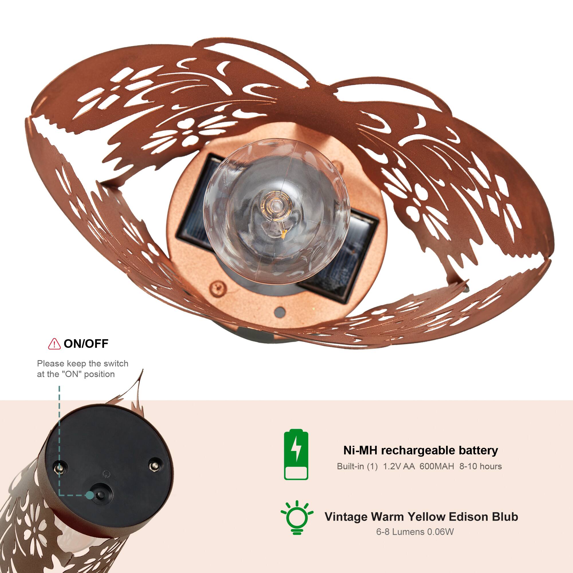 Glitzhome® 9" Metal Flying Butterfly Silhouette Solar Powdered Edison Bulb Outdoor Lantern