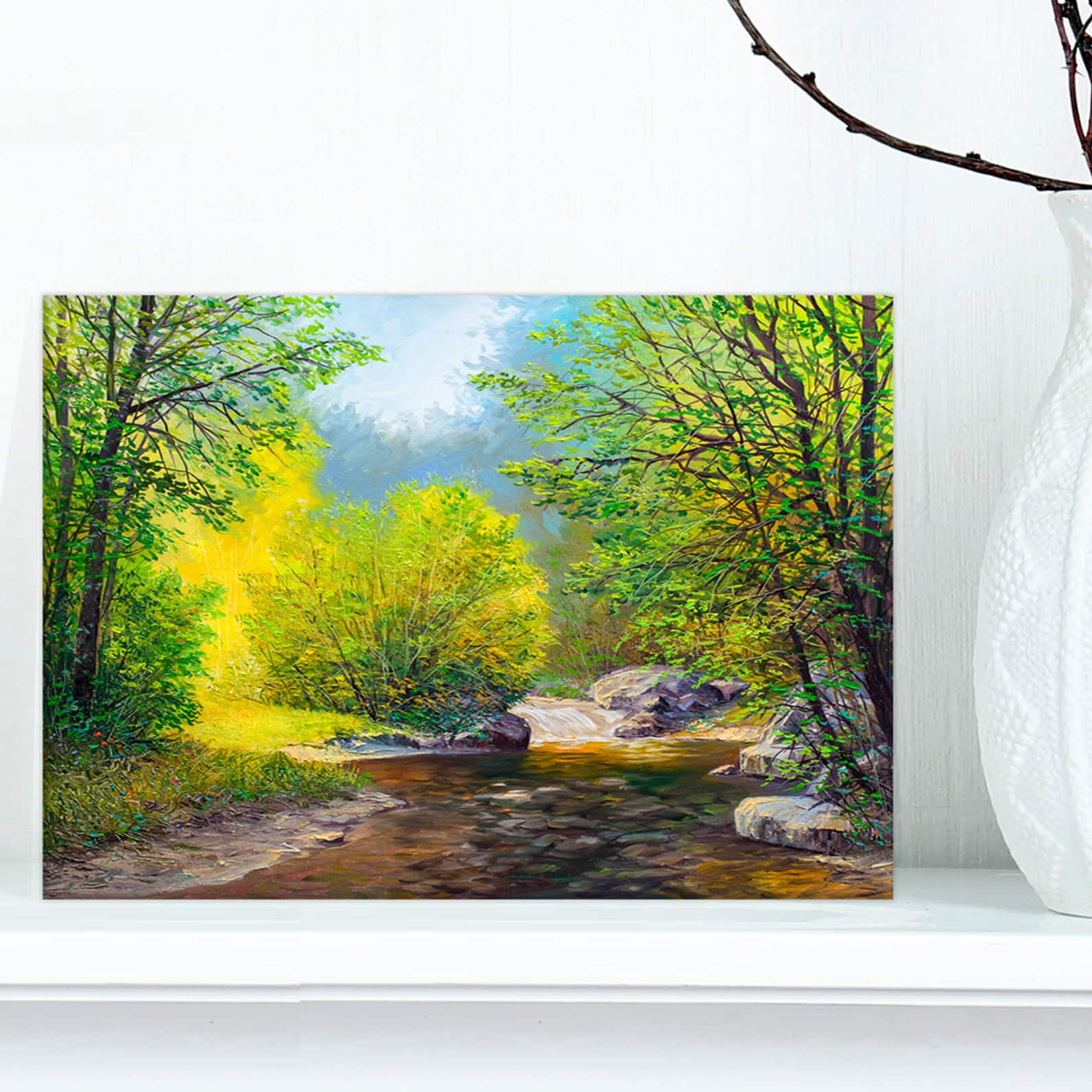 Designart - Summer Forest in Beautiful River - Landscapes Painting Print on Wrapped Canvas